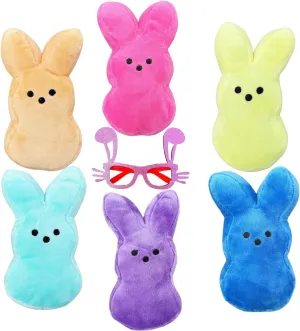 6-Inch Stuffed Animal Easter Bunny Plush Toys (6 Pcs) with Bonus Fun Cartoon Glasses – 7-Piece Set for Kids, Easter Basket Stuffers, and Party Decorations