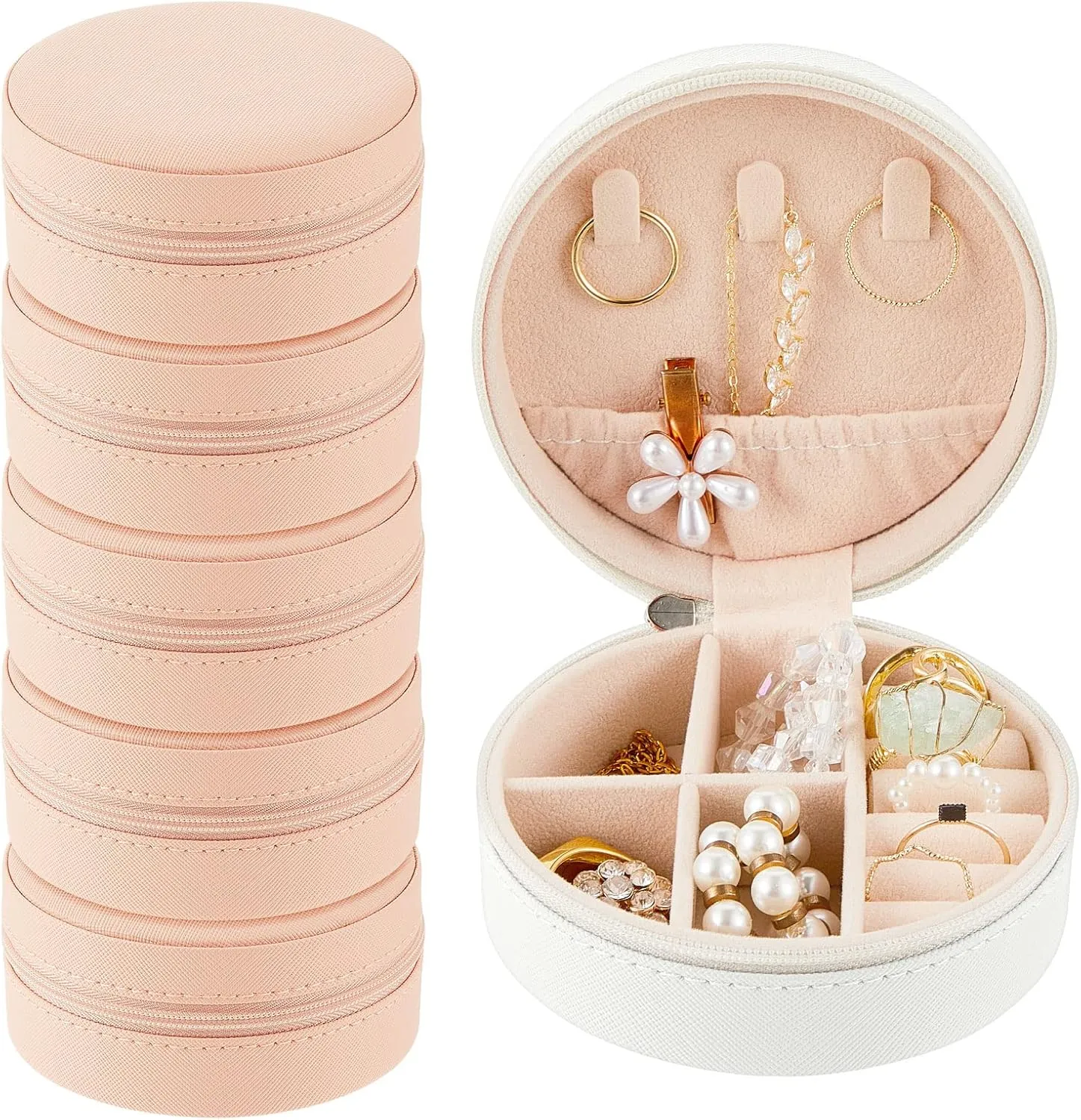 6 Pcs Travel Jewelry Case Bridesmaid Gift Boxes Jewelry Travel Organizer Small Round Jewelry Box Mini Storage PU Leather