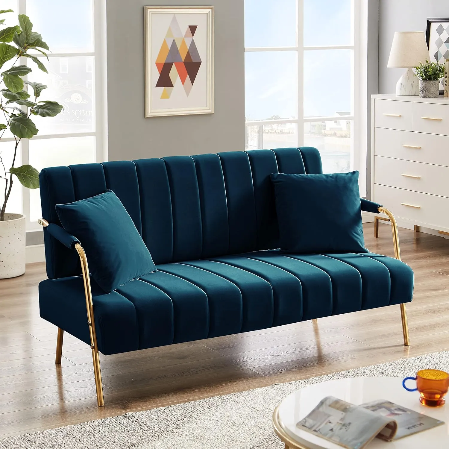 61" Modern Velvet Loveseat Sofa,Upholstery Love Seat Couches with Tufted Backrest,Golden Metal Legs,Accent Sofa for Living Room Bedroom Apartment Office (Drak Blue)