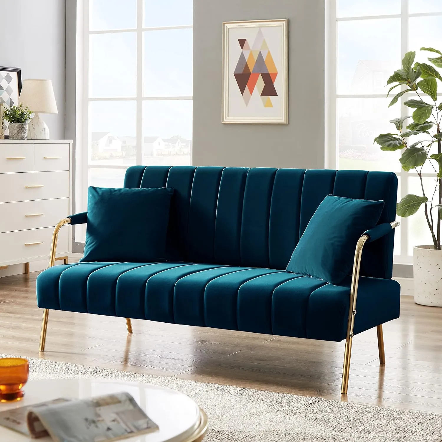 61" Modern Velvet Loveseat Sofa,Upholstery Love Seat Couches with Tufted Backrest,Golden Metal Legs,Accent Sofa for Living Room Bedroom Apartment Office (Drak Blue)