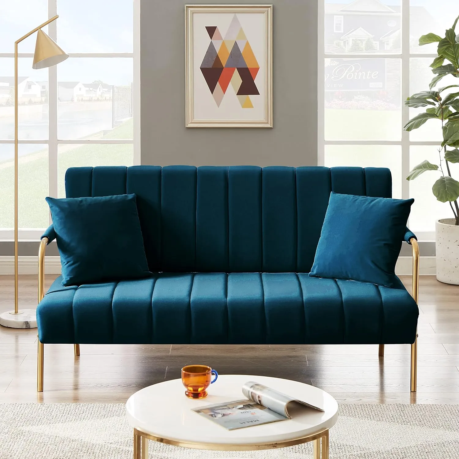 61" Modern Velvet Loveseat Sofa,Upholstery Love Seat Couches with Tufted Backrest,Golden Metal Legs,Accent Sofa for Living Room Bedroom Apartment Office (Drak Blue)