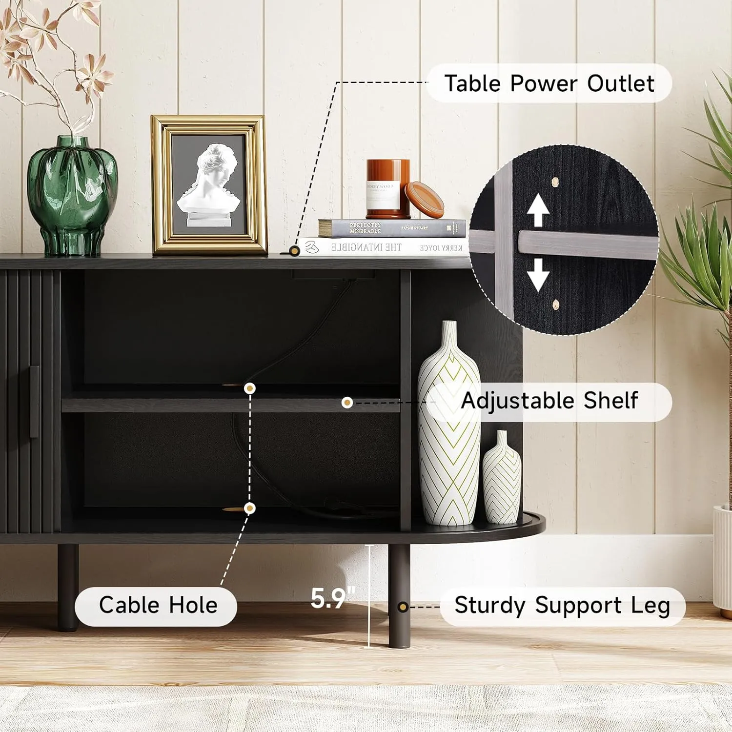 63" TV Stand with Power Outlet for TVs up to 70 Inch, Entertainment Center with Storage and Adjustable Shelves, Modern Media Console with Sliding Doors for Living Room, Black