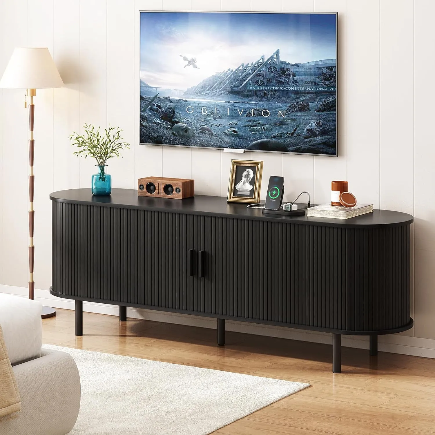 63" TV Stand with Power Outlet for TVs up to 70 Inch, Entertainment Center with Storage and Adjustable Shelves, Modern Media Console with Sliding Doors for Living Room, Black