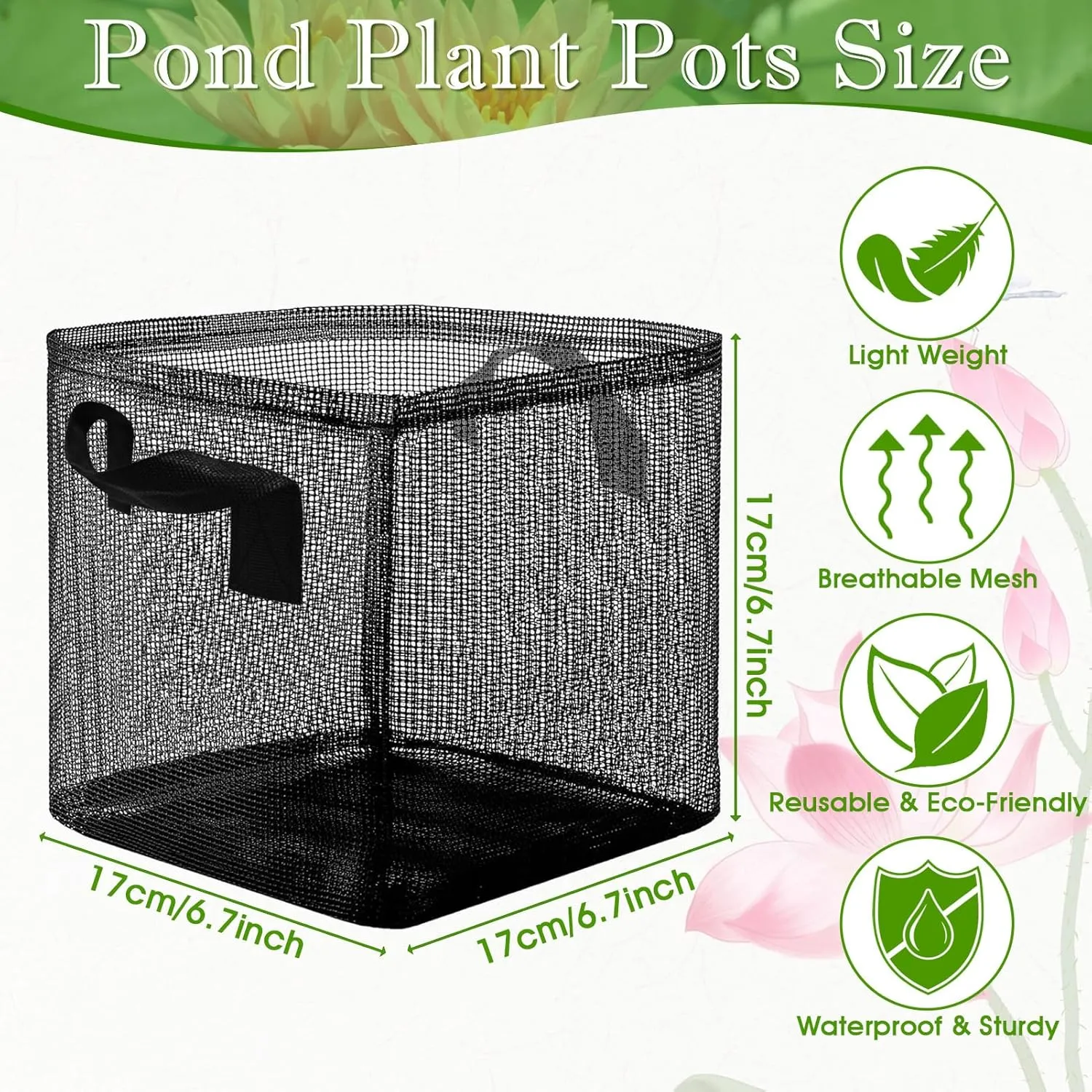 6PCS Aquatic Pond Planting Bags,7.4"x7.4" Reusable Breathe Mesh Aquatic Lily Plant Pots for Pond,Aquatic Plants or Terrestrial Plant (Black, Square)