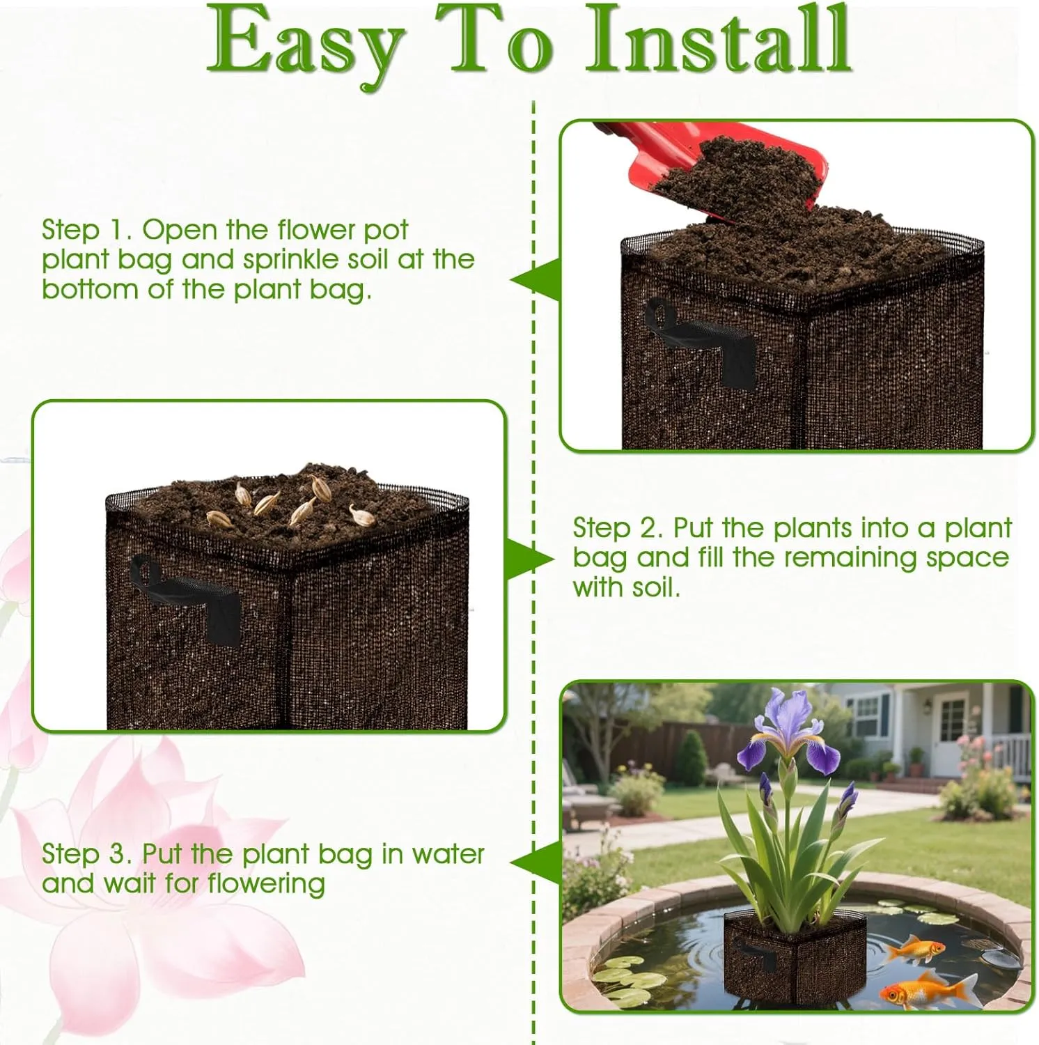 6PCS Aquatic Pond Planting Bags,7.4"x7.4" Reusable Breathe Mesh Aquatic Lily Plant Pots for Pond,Aquatic Plants or Terrestrial Plant (Black, Square)