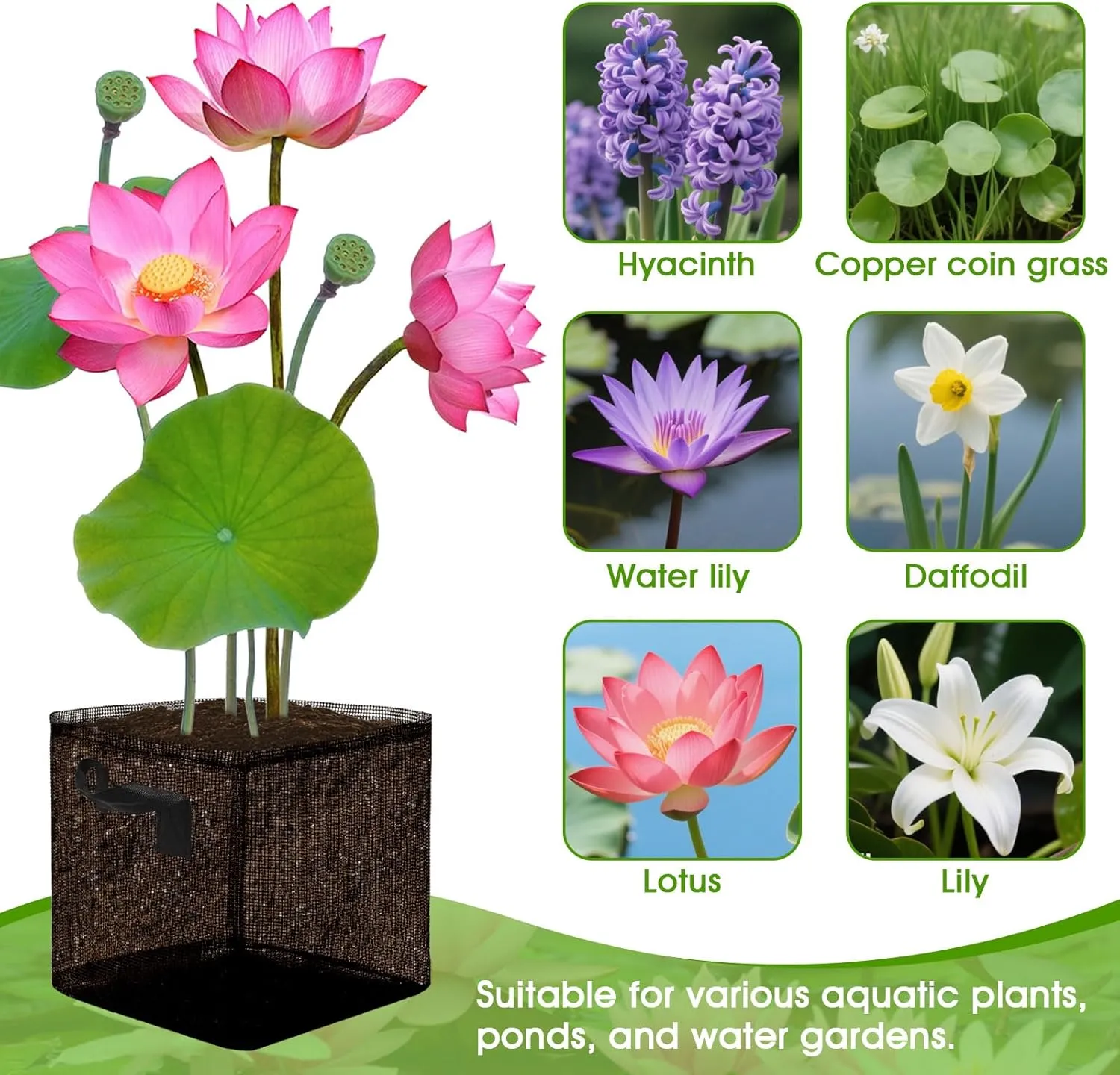 6PCS Aquatic Pond Planting Bags,7.4"x7.4" Reusable Breathe Mesh Aquatic Lily Plant Pots for Pond,Aquatic Plants or Terrestrial Plant (Black, Square)