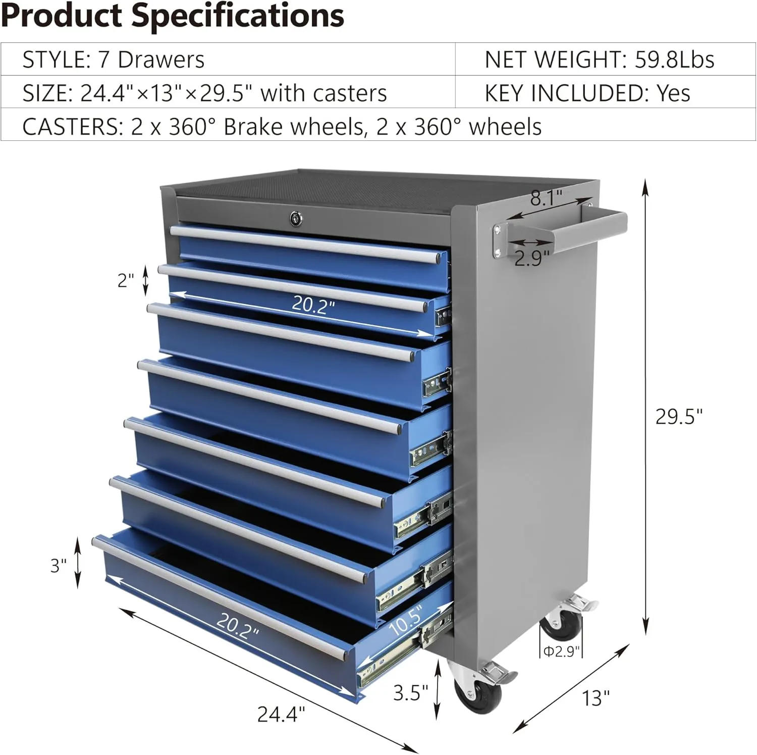 7-Drawer Tool Chest with Rolling Multifunctional Tool Cart, Storage Organizer for Garage, Warehouse, Repair Shop (Blue Grey)