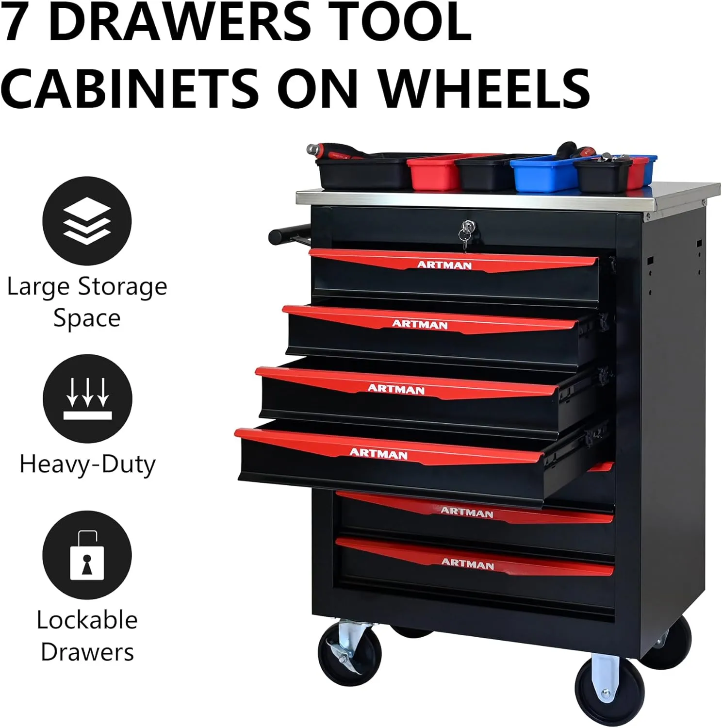 7 Drawer Tool Chest with Wheels, Rolling Tool Box Metal Tool Cart with Extra 7 Tool Storage Boxes, Tool Chest Workbench Tool Storage Cabinet for Garage Workshop Warehouse Repair Shop