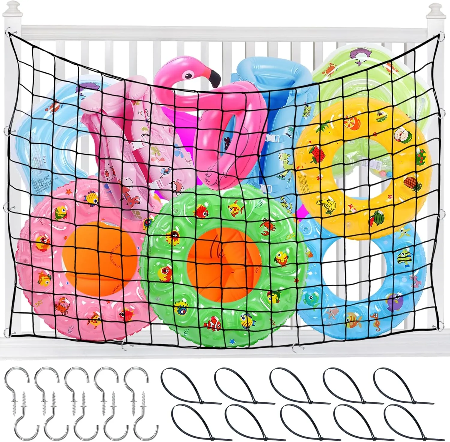 71 x 47in Pool Toy Float Storage Net, Extra Large Hanging Pool Storage Net Swimming Poolside Fence Toys Holder with Hook and Ties for Inflatable Rafts, Water Inflatable Toys