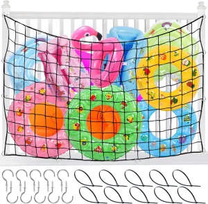 71 x 47in Pool Toy Float Storage Net, Extra Large Hanging Pool Storage Net Swimming Poolside Fence Toys Holder with Hook and Ties for Inflatable Rafts, Water Inflatable Toys