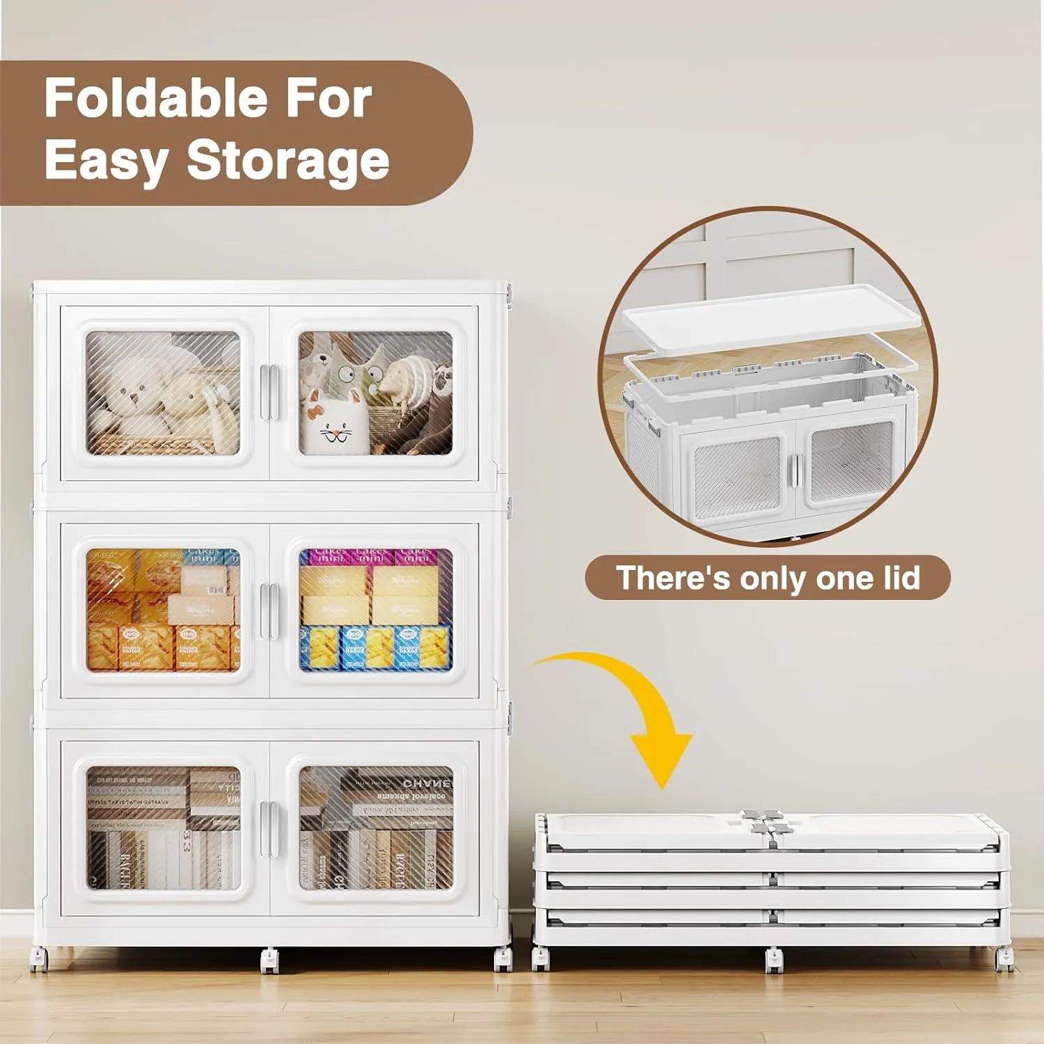 75Gal Extra Large Storage Bins with Lid, 300Qt Plastic Stackable Storage Bins with Wheels, Collapsible Closet Organizer and Storage Drawers, Storage Cabinets for Home, Office, 1 Pack, White