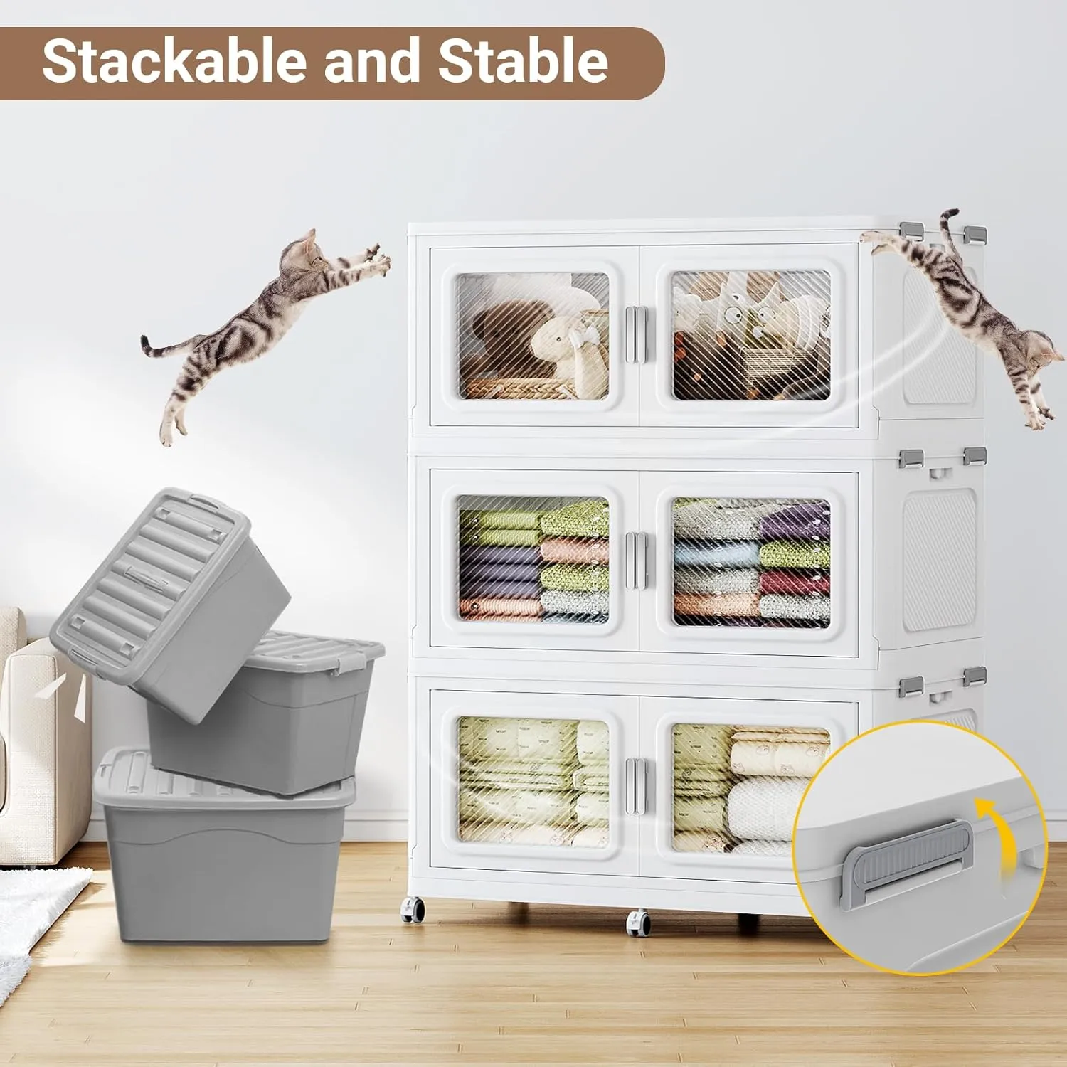 75Gal Extra Large Storage Bins with Lid, 300Qt Plastic Stackable Storage Bins with Wheels, Collapsible Closet Organizer and Storage Drawers, Storage Cabinets for Home, Office, 1 Pack, White