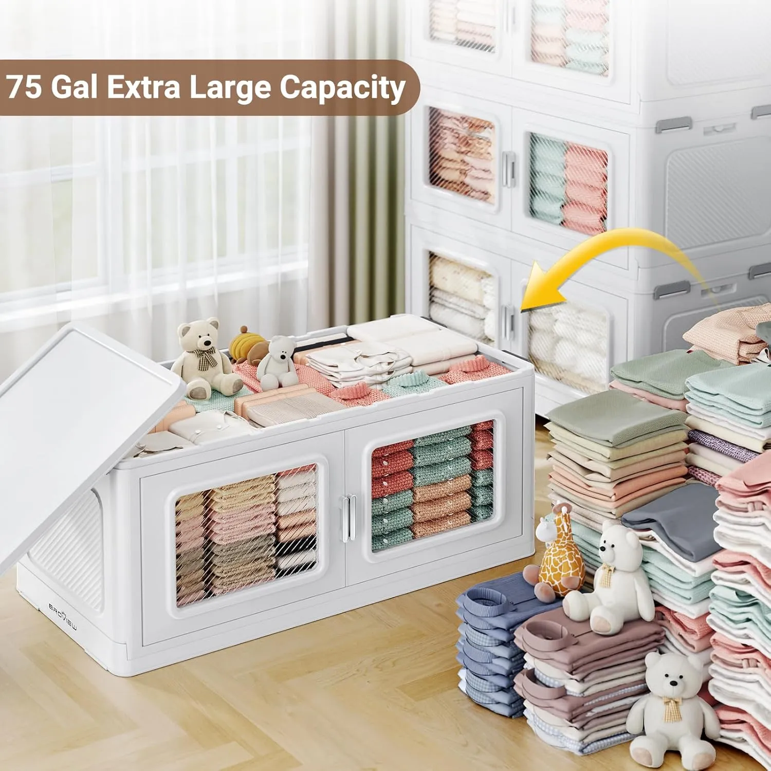 75Gal Extra Large Storage Bins with Lid, 300Qt Plastic Stackable Storage Bins with Wheels, Collapsible Closet Organizer and Storage Drawers, Storage Cabinets for Home, Office, 1 Pack, White