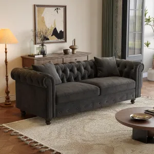 82 Inch Chesterfield Sofa, 23 Inch Deep Seat Velvet Couch for Living Room, Button Tufted Couch with Rolled Arms, 2 Throw Pillows, Comfy Vintage Loveseat Sofa for Apartment, Black