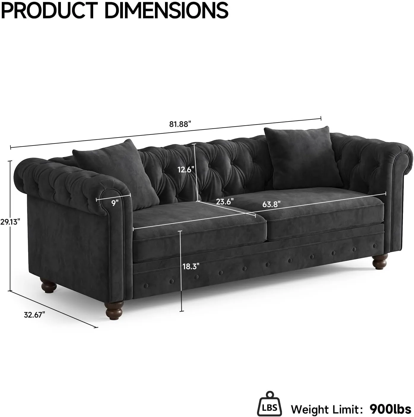 82 Inch Chesterfield Sofa, 23 Inch Deep Seat Velvet Couch for Living Room, Button Tufted Couch with Rolled Arms, 2 Throw Pillows, Comfy Vintage Loveseat Sofa for Apartment, Black
