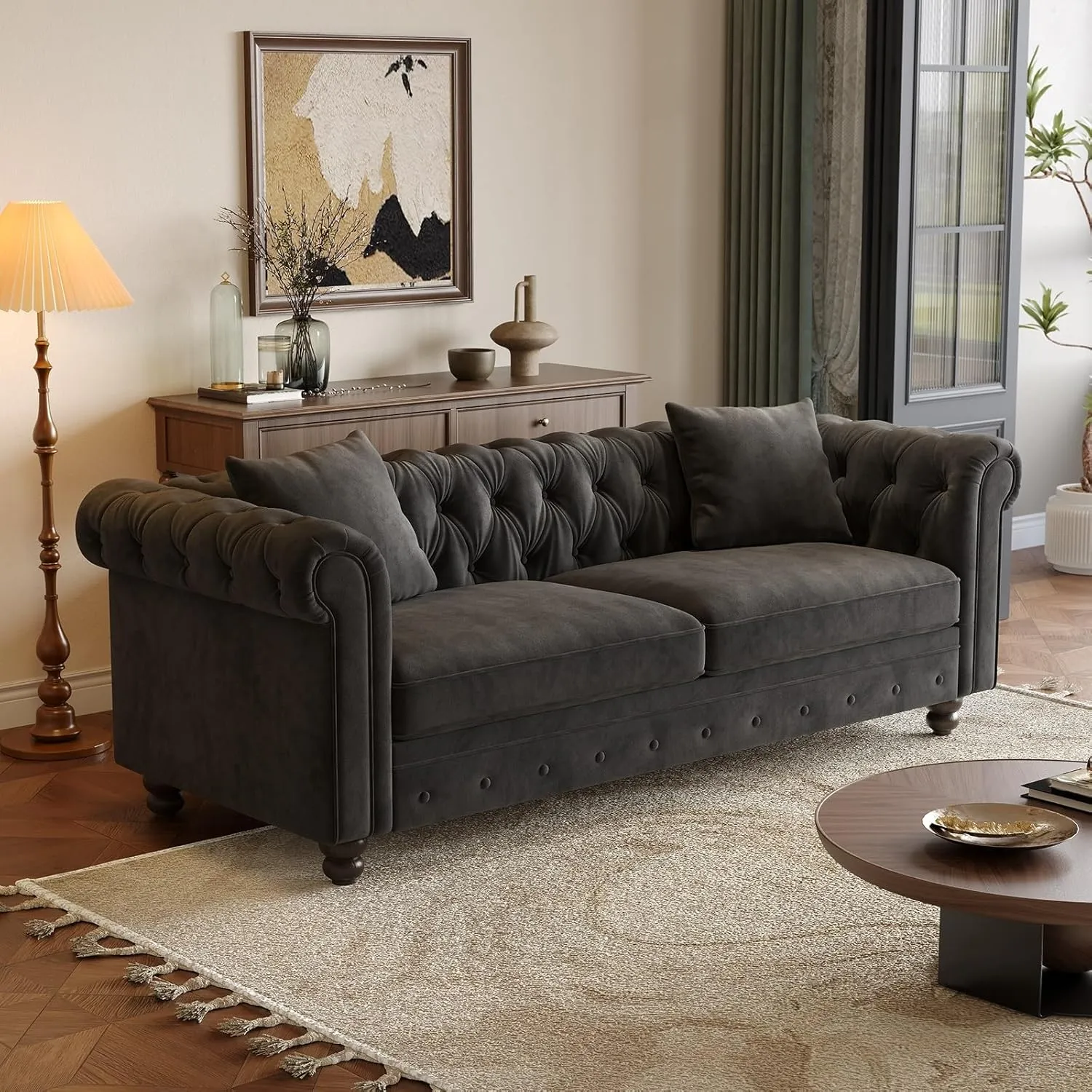 82 Inch Chesterfield Sofa, 23 Inch Deep Seat Velvet Couch for Living Room, Button Tufted Couch with Rolled Arms, 2 Throw Pillows, Comfy Vintage Loveseat Sofa for Apartment, Black