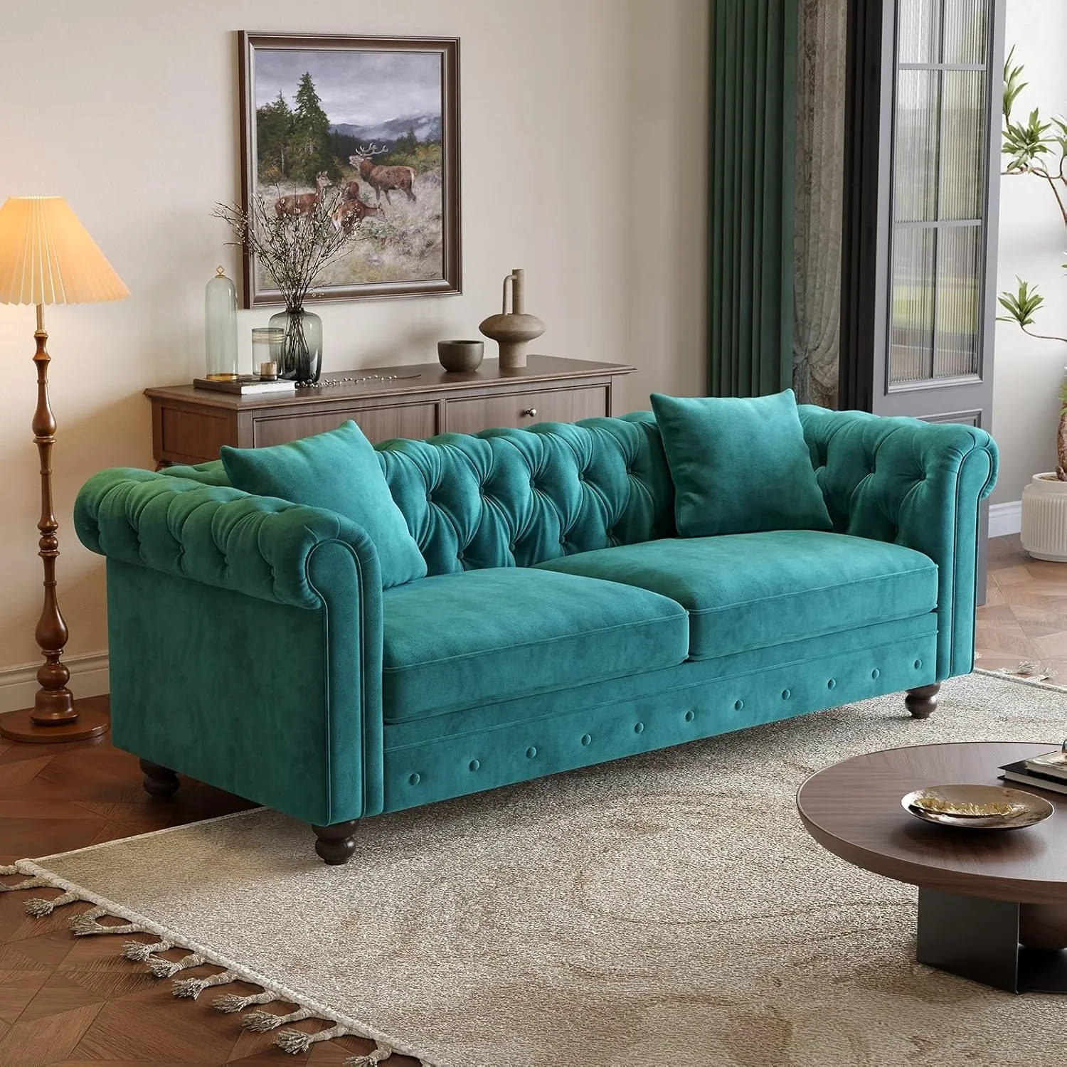 82 Inch Chesterfield Sofa, 23 Inch Deep Seat Velvet Couch for Living Room, Button Tufted Couch with Rolled Arms, 2 Throw Pillows, Comfy Vintage Loveseat Sofa for Apartment, Green