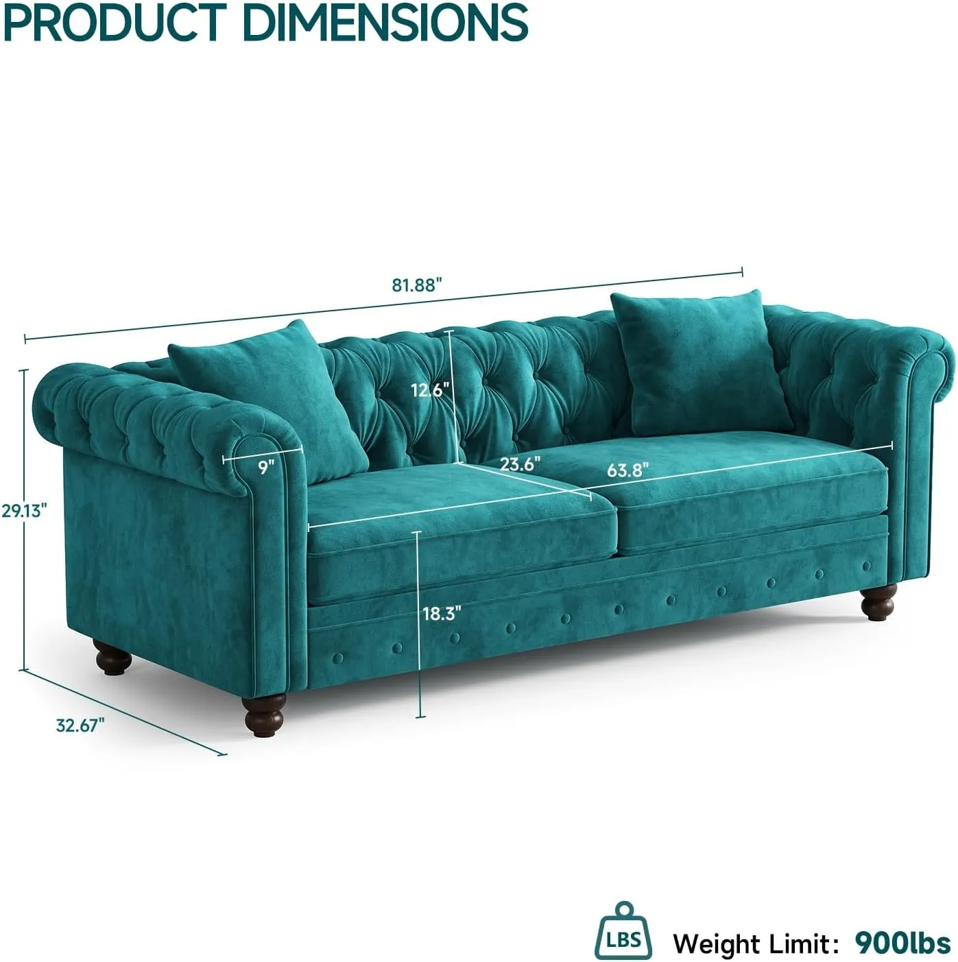 82 Inch Chesterfield Sofa, 23 Inch Deep Seat Velvet Couch for Living Room, Button Tufted Couch with Rolled Arms, 2 Throw Pillows, Comfy Vintage Loveseat Sofa for Apartment, Green