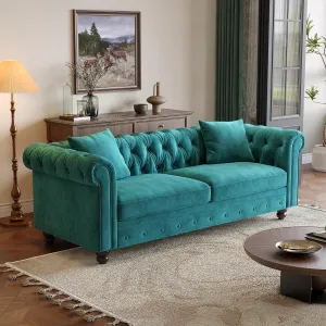82 Inch Chesterfield Sofa, 23 Inch Deep Seat Velvet Couch for Living Room, Button Tufted Couch with Rolled Arms, 2 Throw Pillows, Comfy Vintage Loveseat Sofa for Apartment, Green