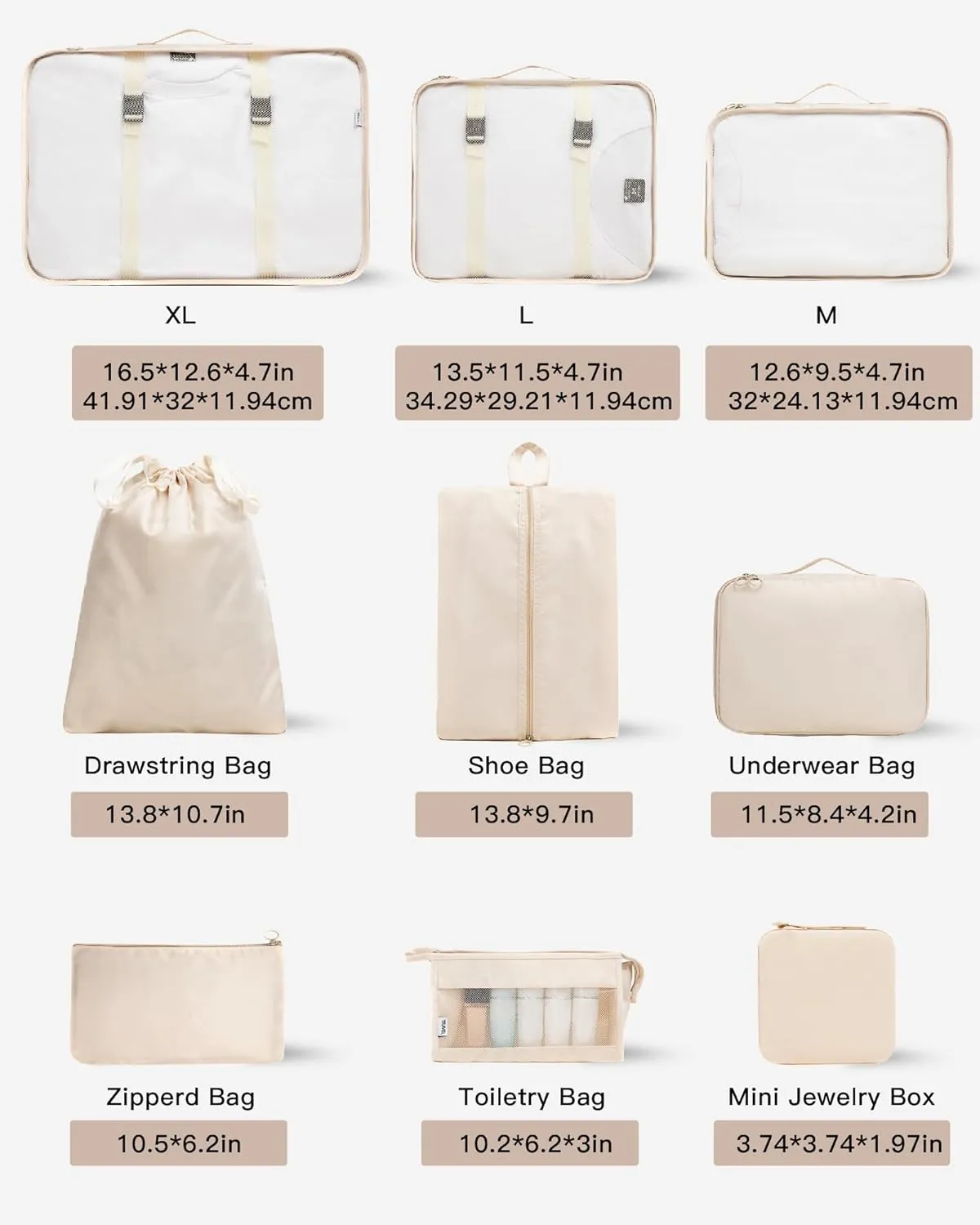9 Set Packing Cubes for Carry on Suitcase Travel Organizer Bags for Luggage Suitcase Organizer Bags Packing Cube Set for Packing Women Men (Beige)