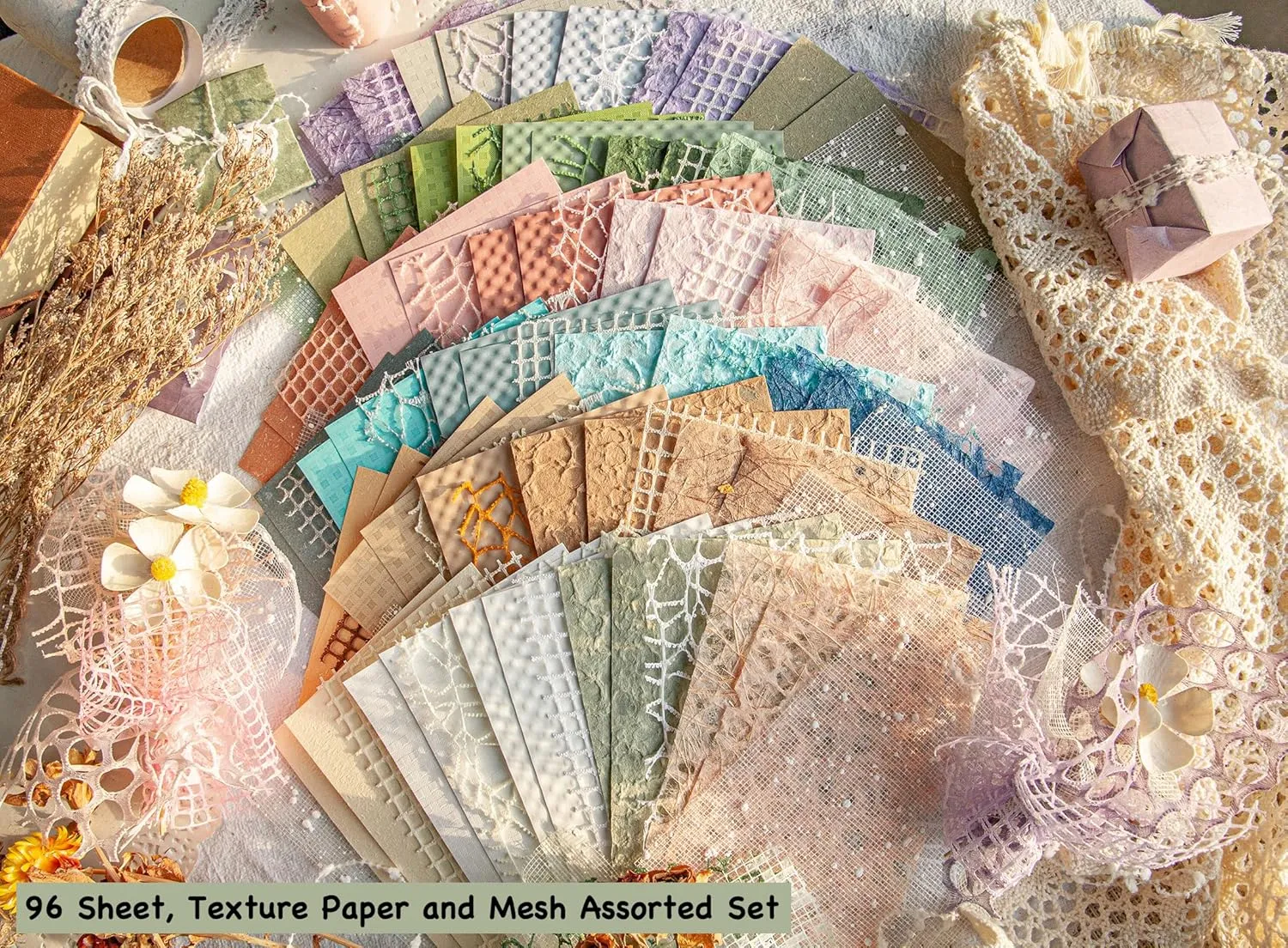 96 Sheets Textured Scrapbook Paper and Mesh Fabric Assorted Set - 6 Pack Mixed Special Paper for Scrapbooking Planner Bullet Junk Journal Supplies Mixed Media Collage Card Embellishments 3.9x5.5 Inch