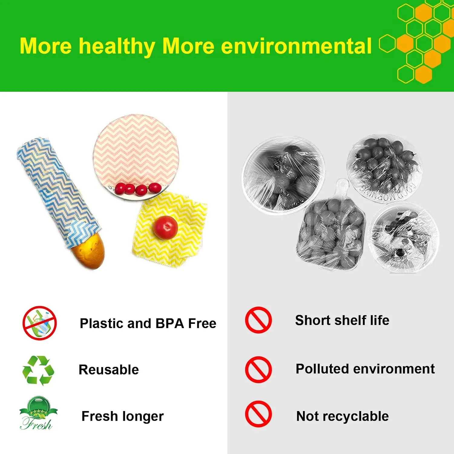 9pcs Eco Friendly Reusable Sustainable Food Storage Beeswax Wraps, Bread Fruit Cheese Pack Lunch Containers, Kitchen Organizer for Food Storage, Food Safe, with Sealing String