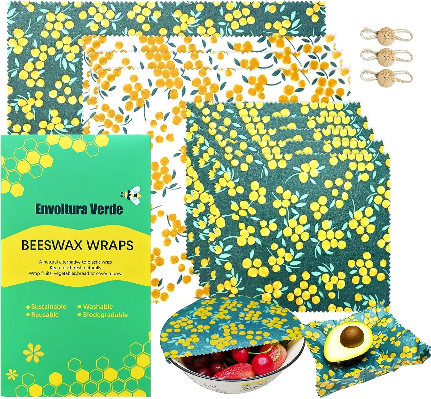9pcs Eco Friendly Reusable Sustainable Food Storage Beeswax Wraps, Bread Fruit Cheese Pack Lunch Containers, Kitchen Organizer for Food Storage, Food Safe, with Sealing String
