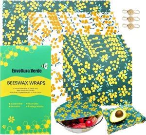 9pcs Eco Friendly Reusable Sustainable Food Storage Beeswax Wraps, Bread Fruit Cheese Pack Lunch Containers, Kitchen Organizer for Food Storage, Food Safe, with Sealing String