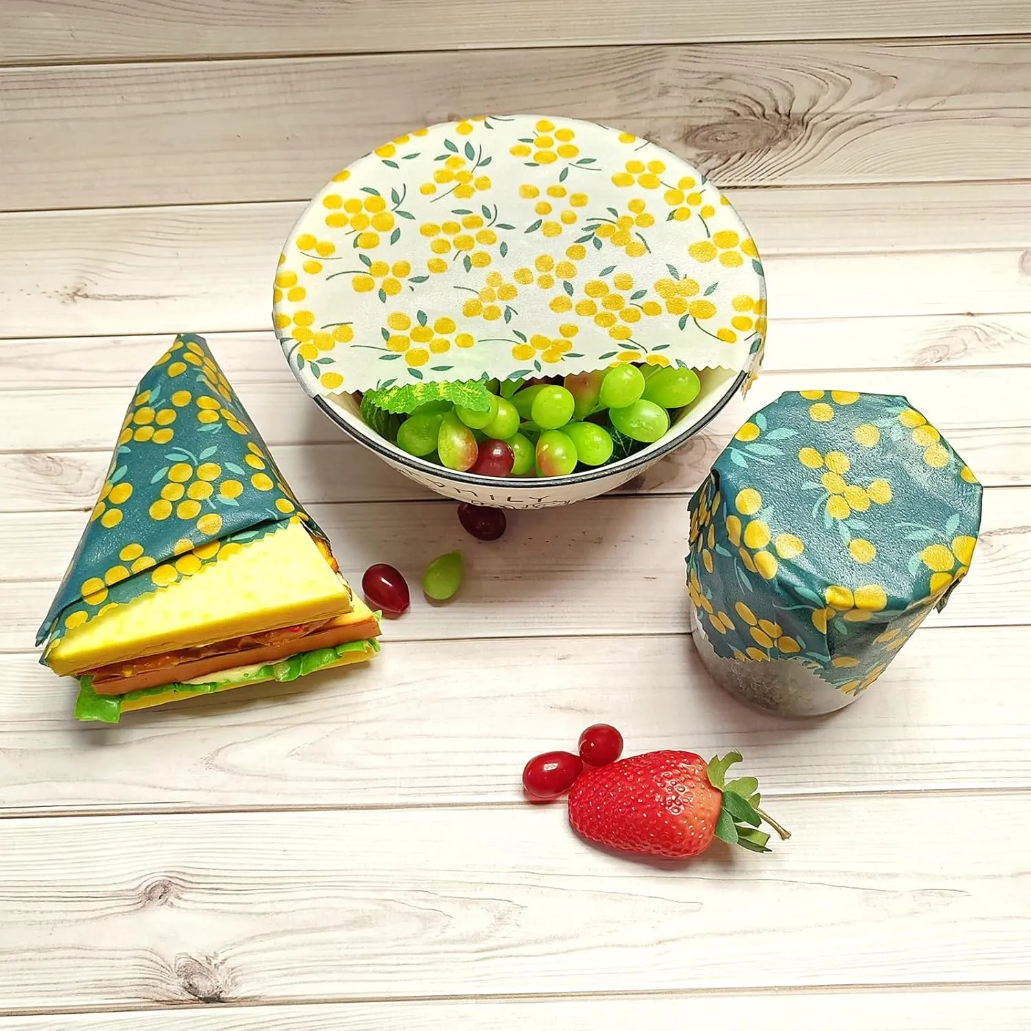 9pcs Eco Friendly Reusable Sustainable Food Storage Beeswax Wraps, Bread Fruit Cheese Pack Lunch Containers, Kitchen Organizer for Food Storage, Food Safe, with Sealing String