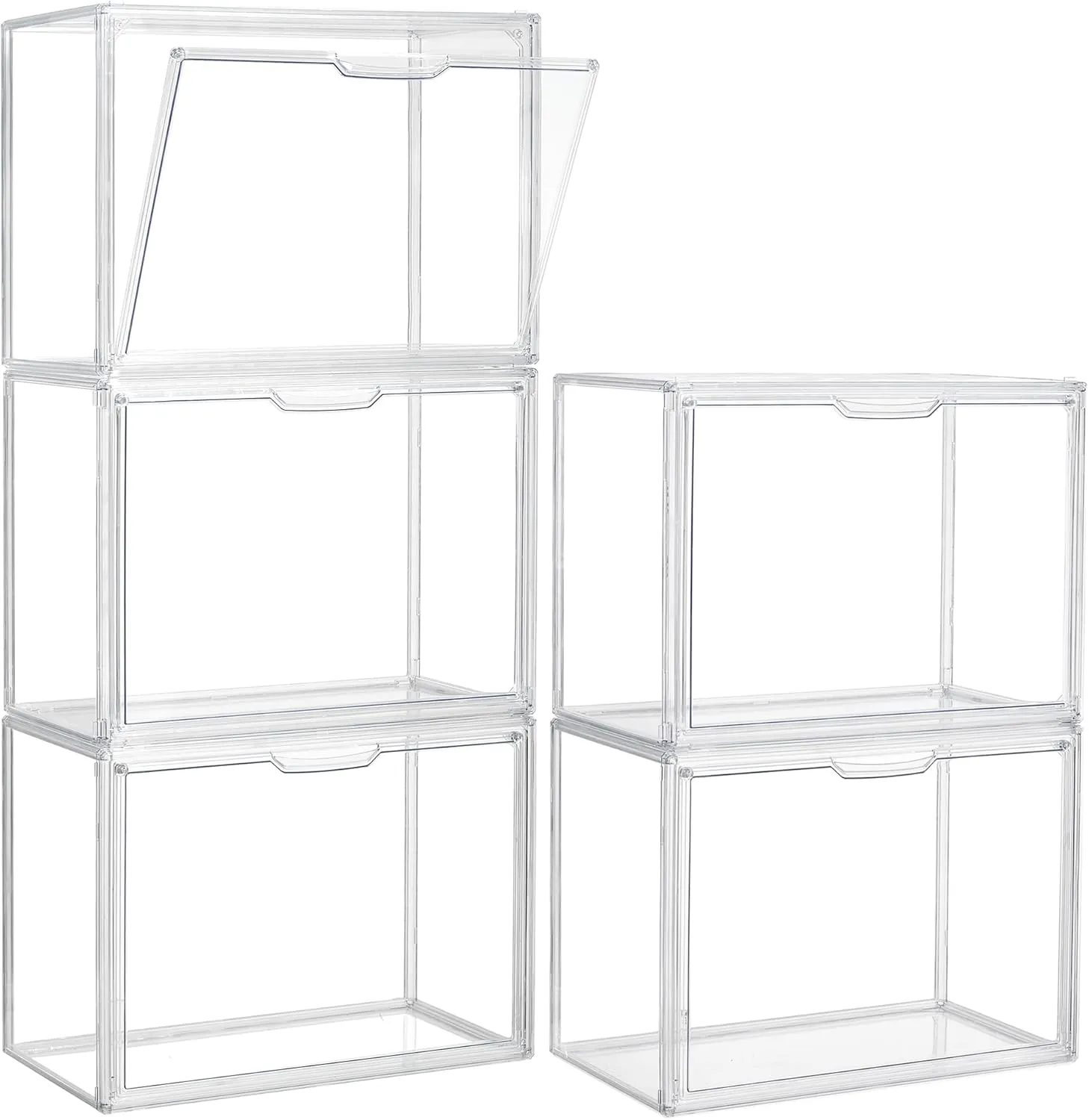 Acrylic Display Case 5 Pack Acrylic Box with Magnetic Door Clear Plastic Stackable Storage Bins with Lids Large , Figures Collectibles Display Bag Organizer, SANKEU
