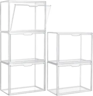 Acrylic Display Case 5 Pack Acrylic Box with Magnetic Door Clear Plastic Stackable Storage Bins with Lids Large , Figures Collectibles Display Bag Organizer, SANKEU