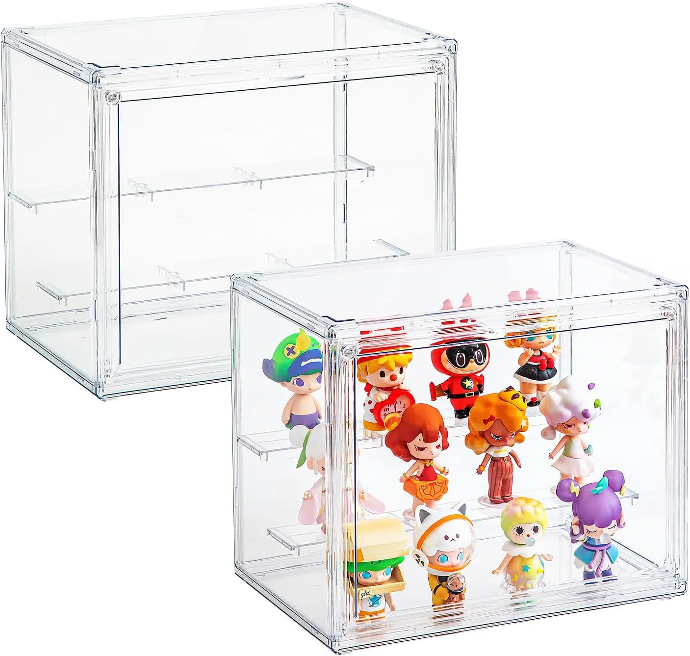 Acrylic Display Cases for Collectibles, Clear Display Case for Figures, 3 Tier Display Shelf Boxes Miniature Display Case, Dustproof and Stackable Action Figure Display Case (1, Small)