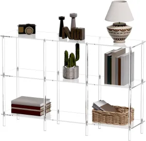 Acrylic Horizontal Bookshelf, 11.8" D x 47.2" W x 31" H, 3-Tier Clear Low Book Shelf with Large Storage, Multipurpose Bookcase for Living Room, Bathroom, Office, Easy Assembly