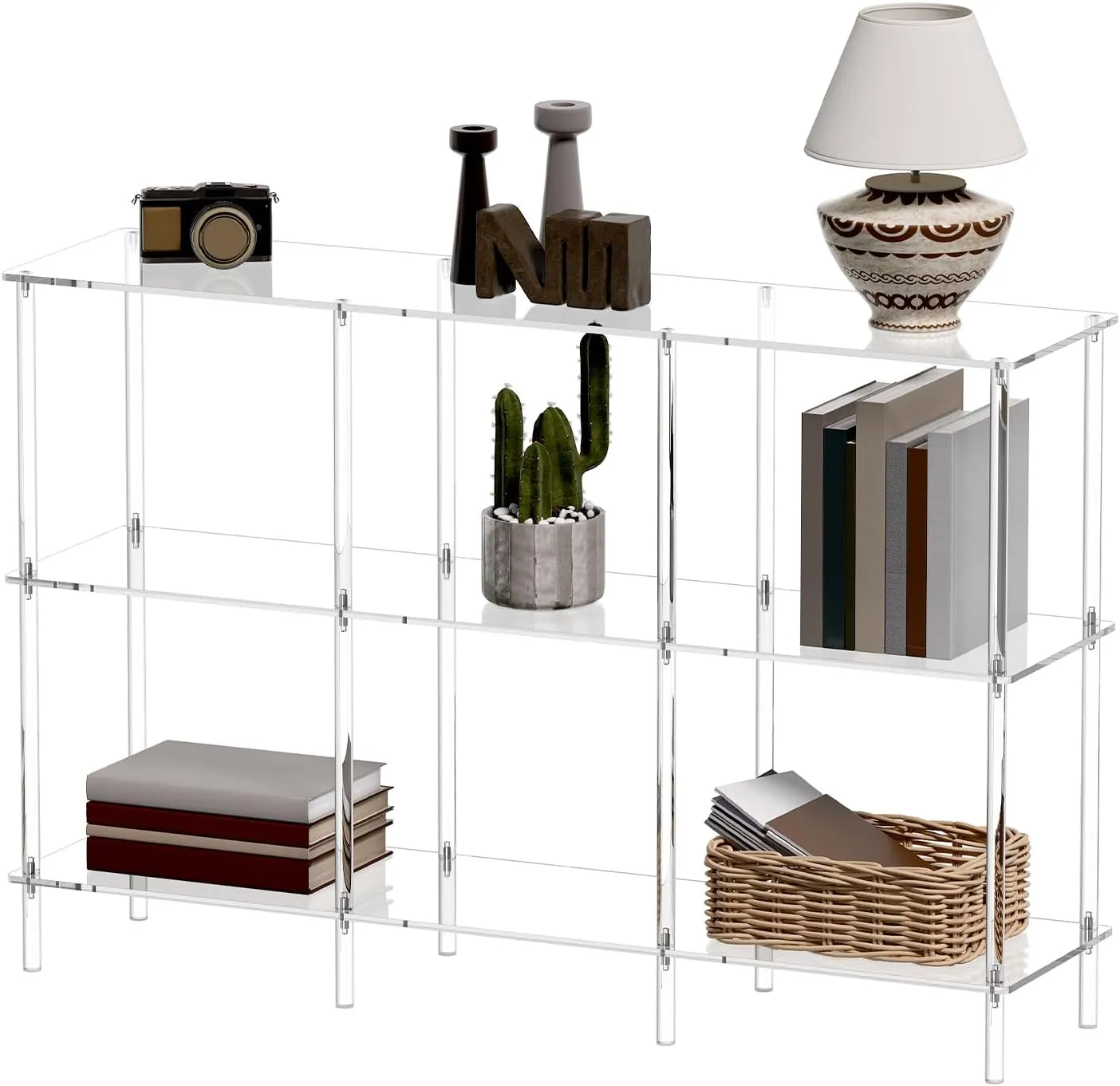 Acrylic Horizontal Bookshelf, 11.8" D x 47.2" W x 31" H, 3-Tier Clear Low Book Shelf with Large Storage, Multipurpose Bookcase for Living Room, Bathroom, Office, Easy Assembly