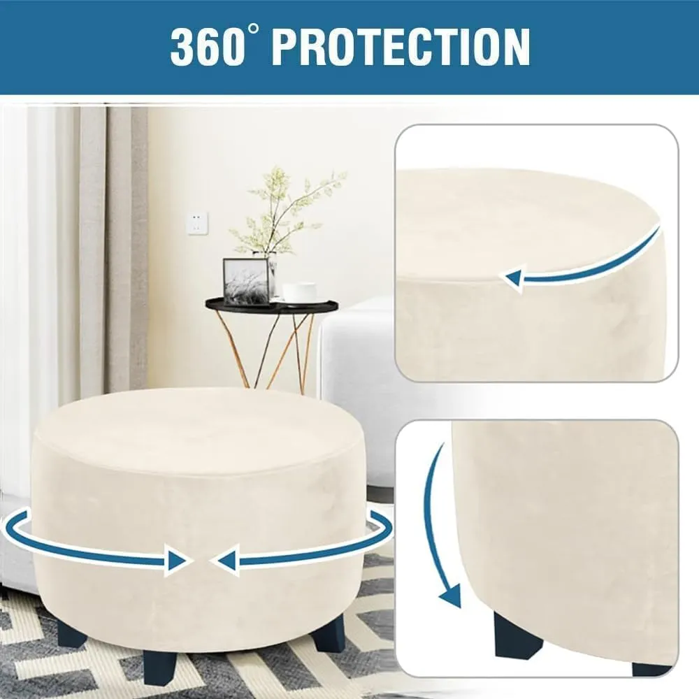 ADPON Velvet Plush Ottoman Cover,Super Stretch Round Ottoman Slipcover Washable Storage Stool Furniture Protector for Living Room (Medium,Beige)