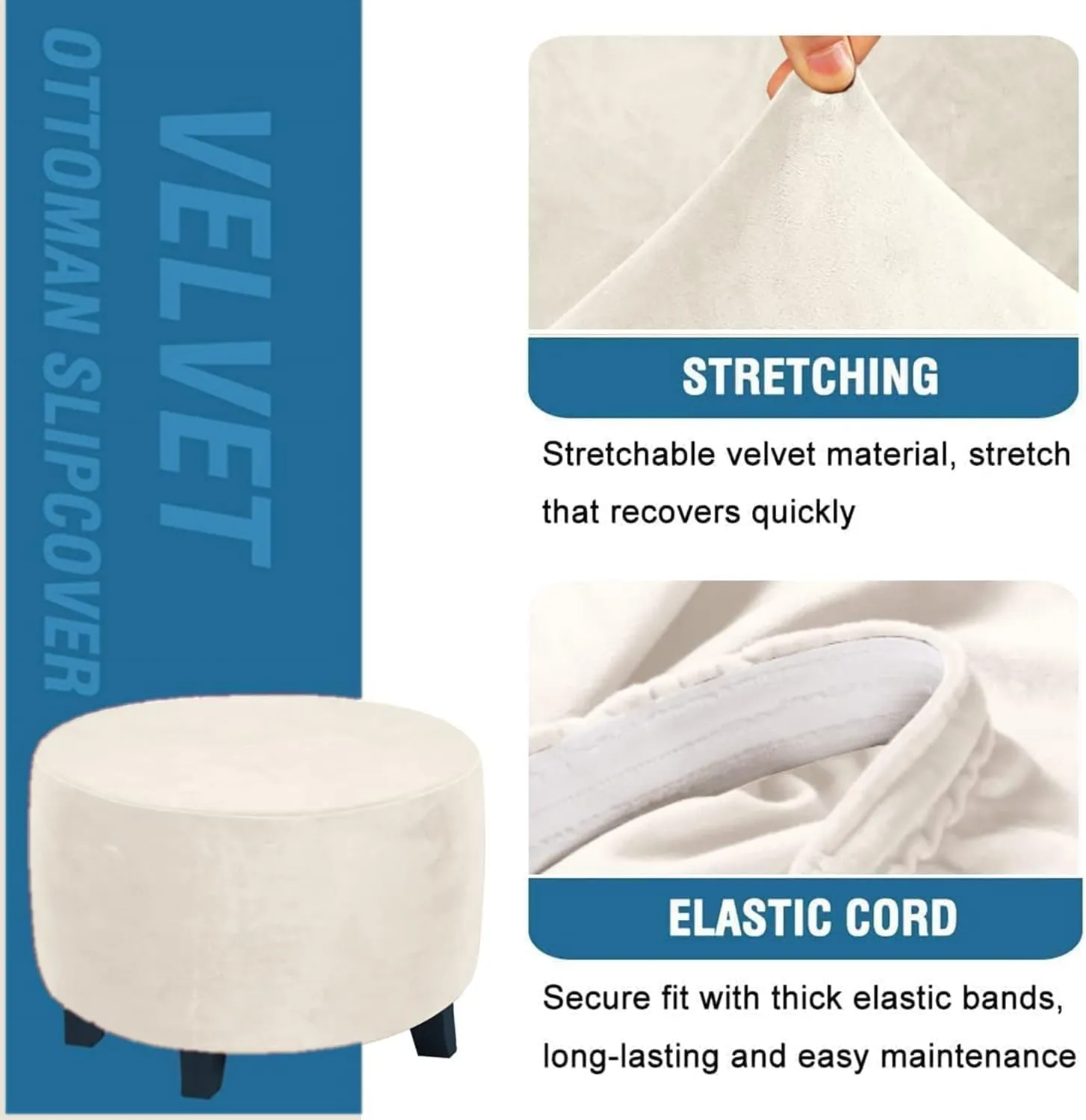 ADPON Velvet Plush Ottoman Cover,Super Stretch Round Ottoman Slipcover Washable Storage Stool Furniture Protector for Living Room (Medium,Beige)