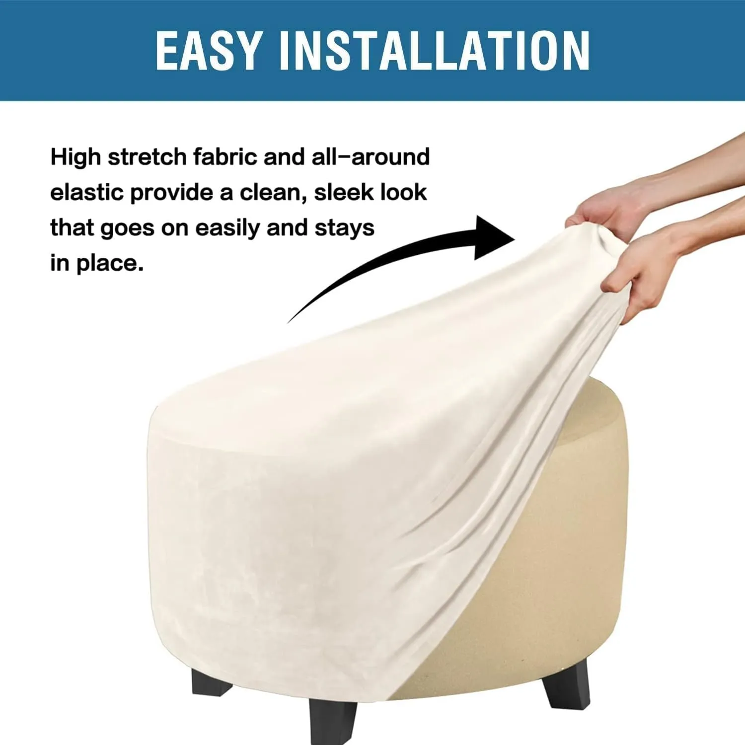 ADPON Velvet Plush Ottoman Cover,Super Stretch Round Ottoman Slipcover Washable Storage Stool Furniture Protector for Living Room (Medium,Beige)