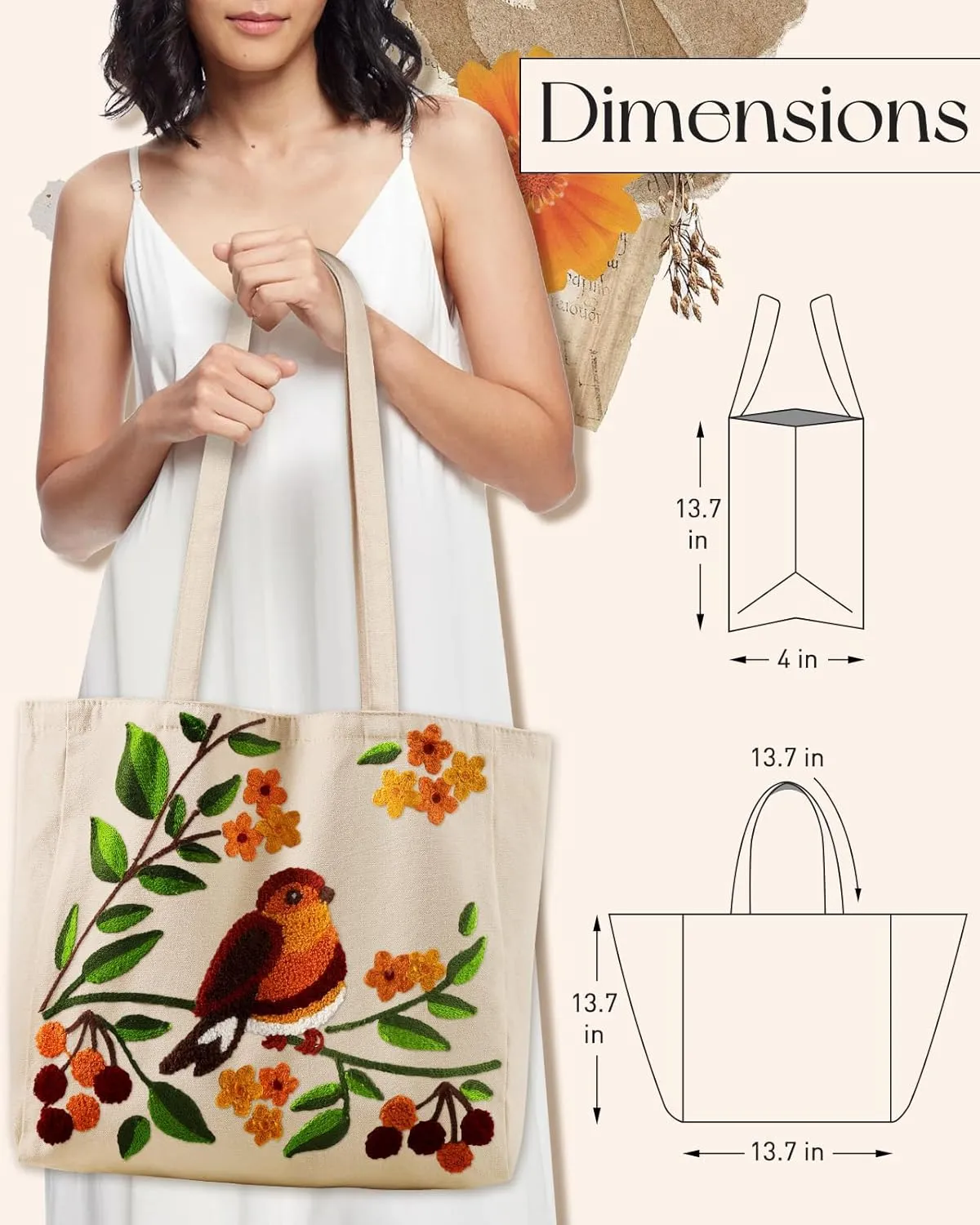 Aesthetic Embroidery Tote Bag for Women - Reusable Canvas Cute Shoulder Bag for Shopping, Grocery, Work, Book