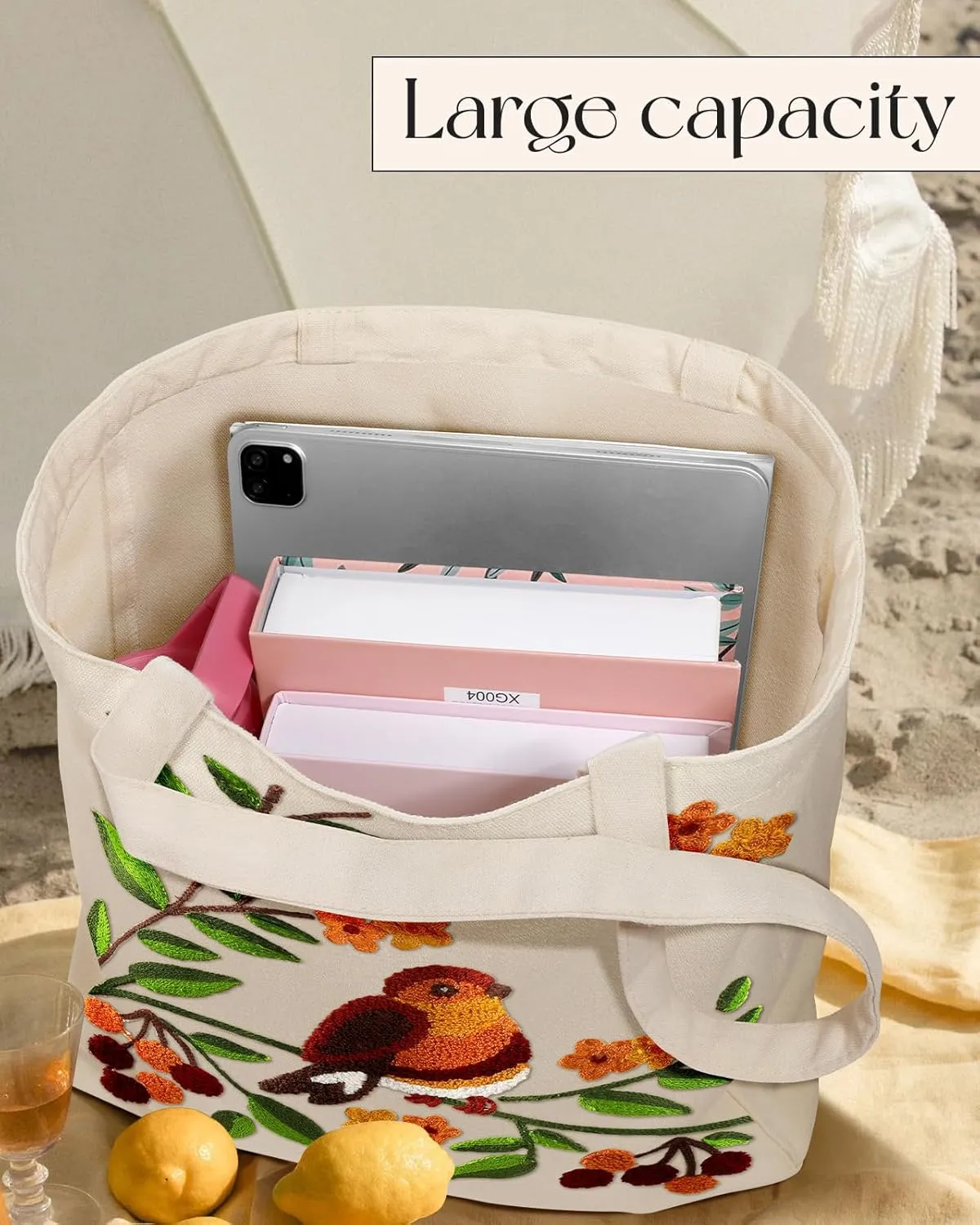 Aesthetic Embroidery Tote Bag for Women - Reusable Canvas Cute Shoulder Bag for Shopping, Grocery, Work, Book
