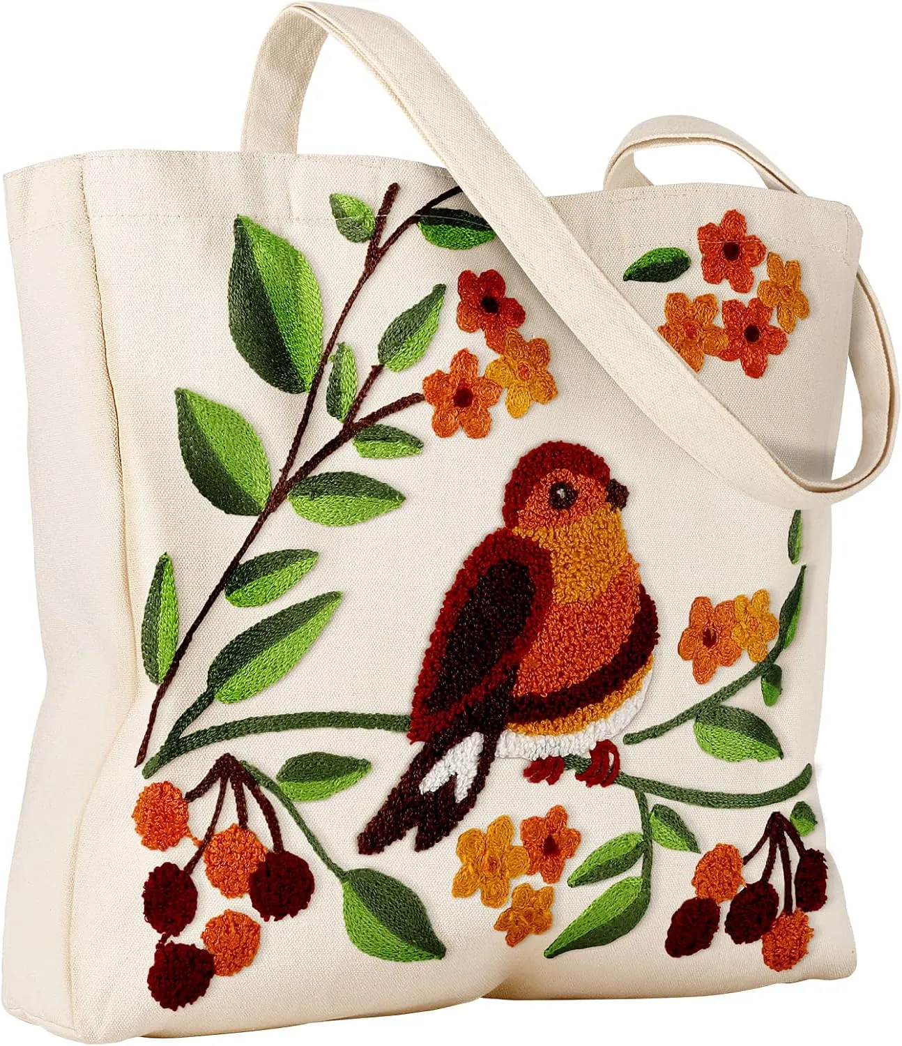 Aesthetic Embroidery Tote Bag for Women - Reusable Canvas Cute Shoulder Bag for Shopping, Grocery, Work, Book