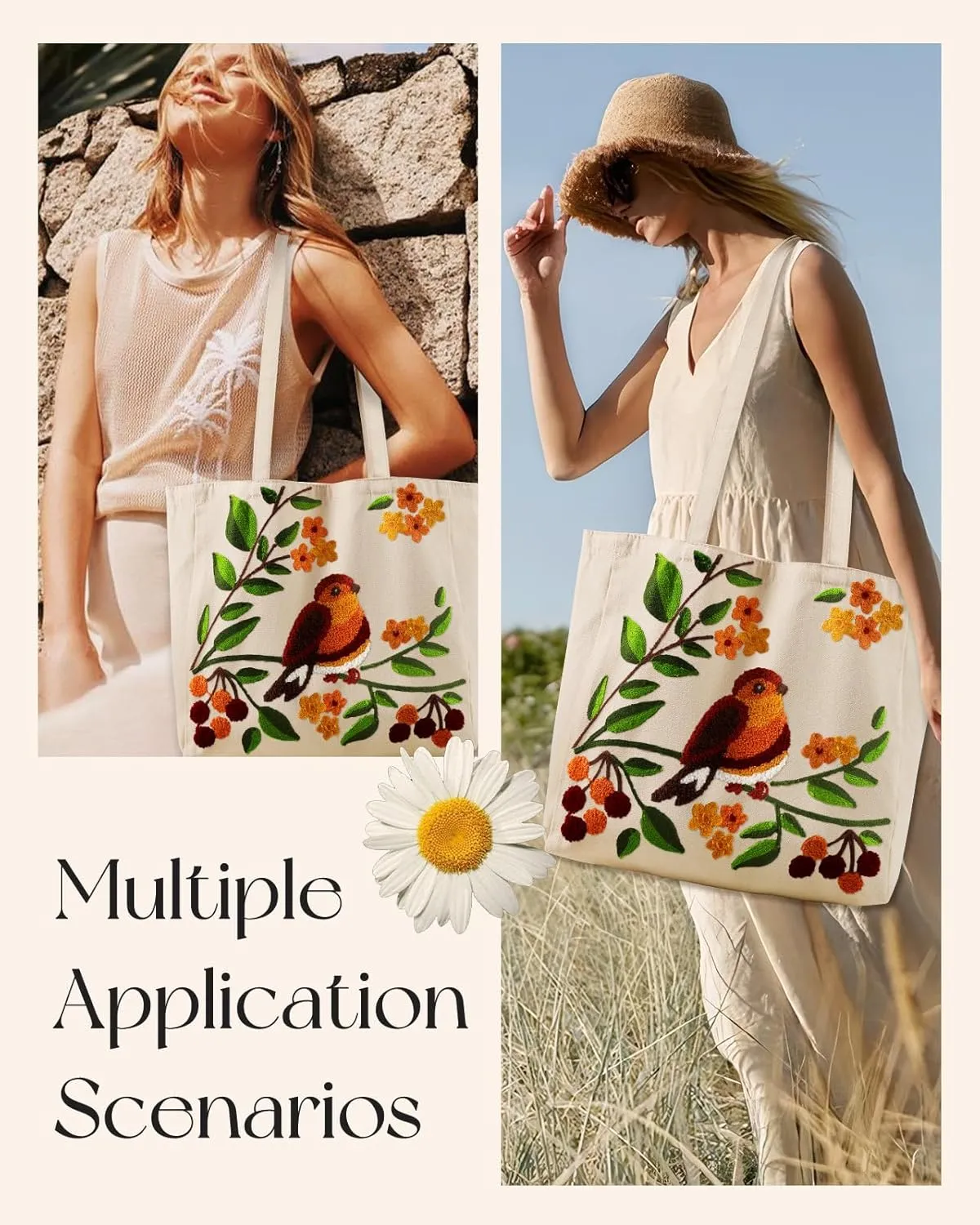 Aesthetic Embroidery Tote Bag for Women - Reusable Canvas Cute Shoulder Bag for Shopping, Grocery, Work, Book