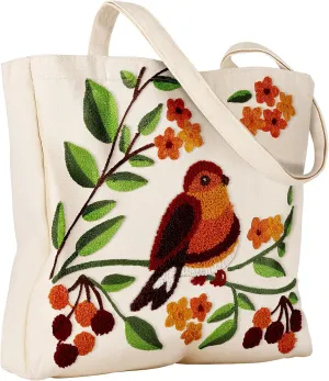 Aesthetic Embroidery Tote Bag for Women - Reusable Canvas Cute Shoulder Bag for Shopping, Grocery, Work, Book