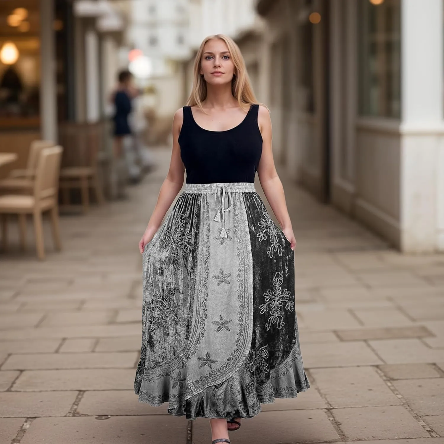 Agan Traders Women's 2025 Summer Winter Rayon Velvet Vintage Boho Embroidered High Waist Maxi Skirt - Long Skirts for Women