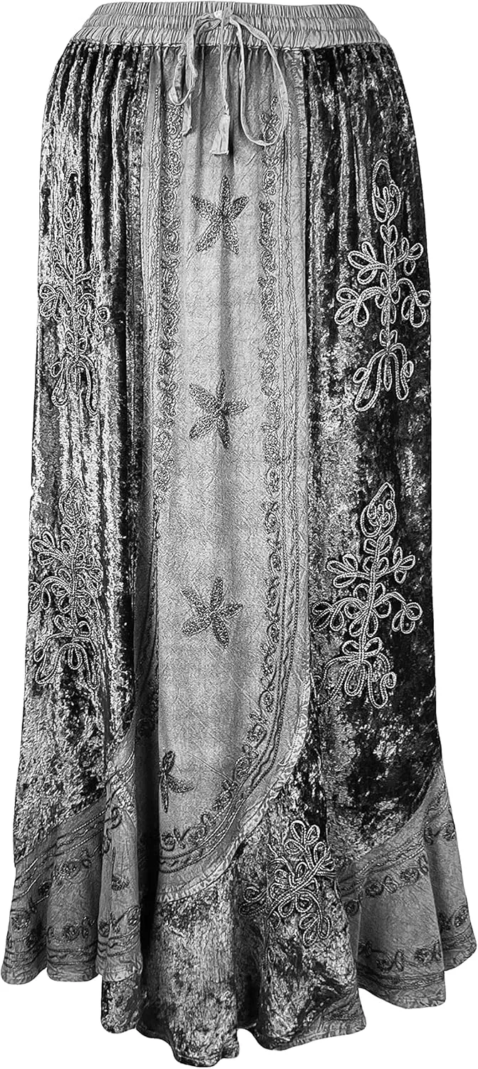 Agan Traders Women's 2025 Summer Winter Rayon Velvet Vintage Boho Embroidered High Waist Maxi Skirt - Long Skirts for Women