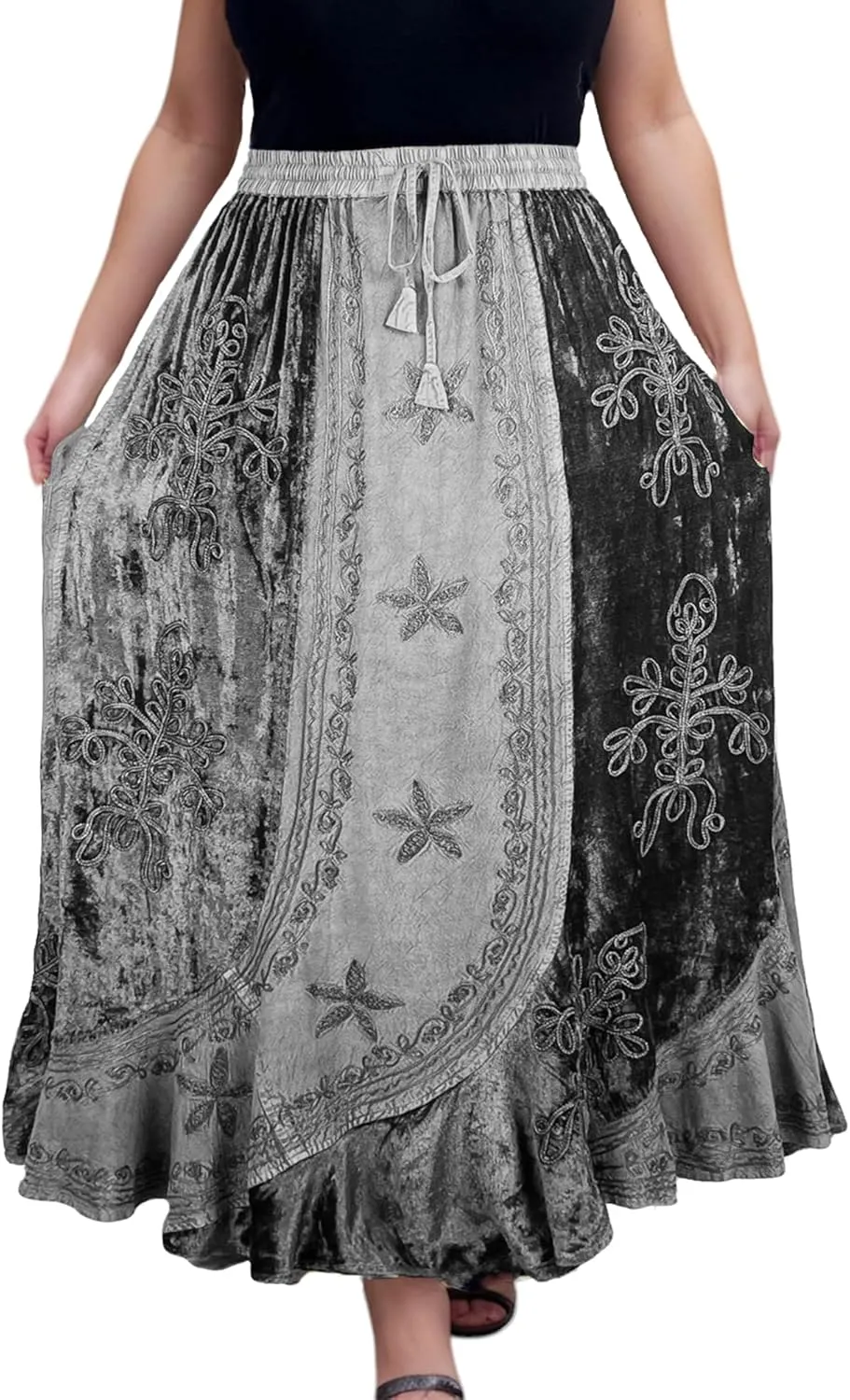 Agan Traders Women's 2025 Summer Winter Rayon Velvet Vintage Boho Embroidered High Waist Maxi Skirt - Long Skirts for Women