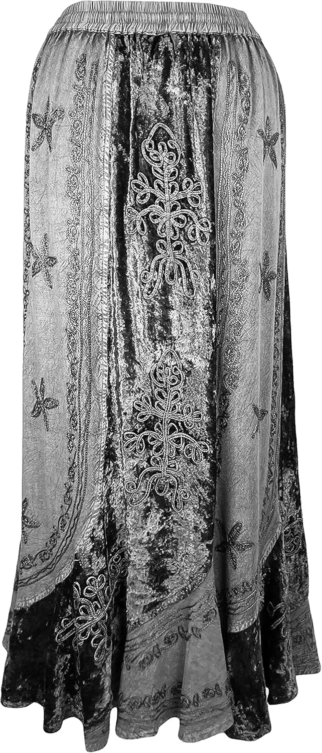 Agan Traders Women's 2025 Summer Winter Rayon Velvet Vintage Boho Embroidered High Waist Maxi Skirt - Long Skirts for Women