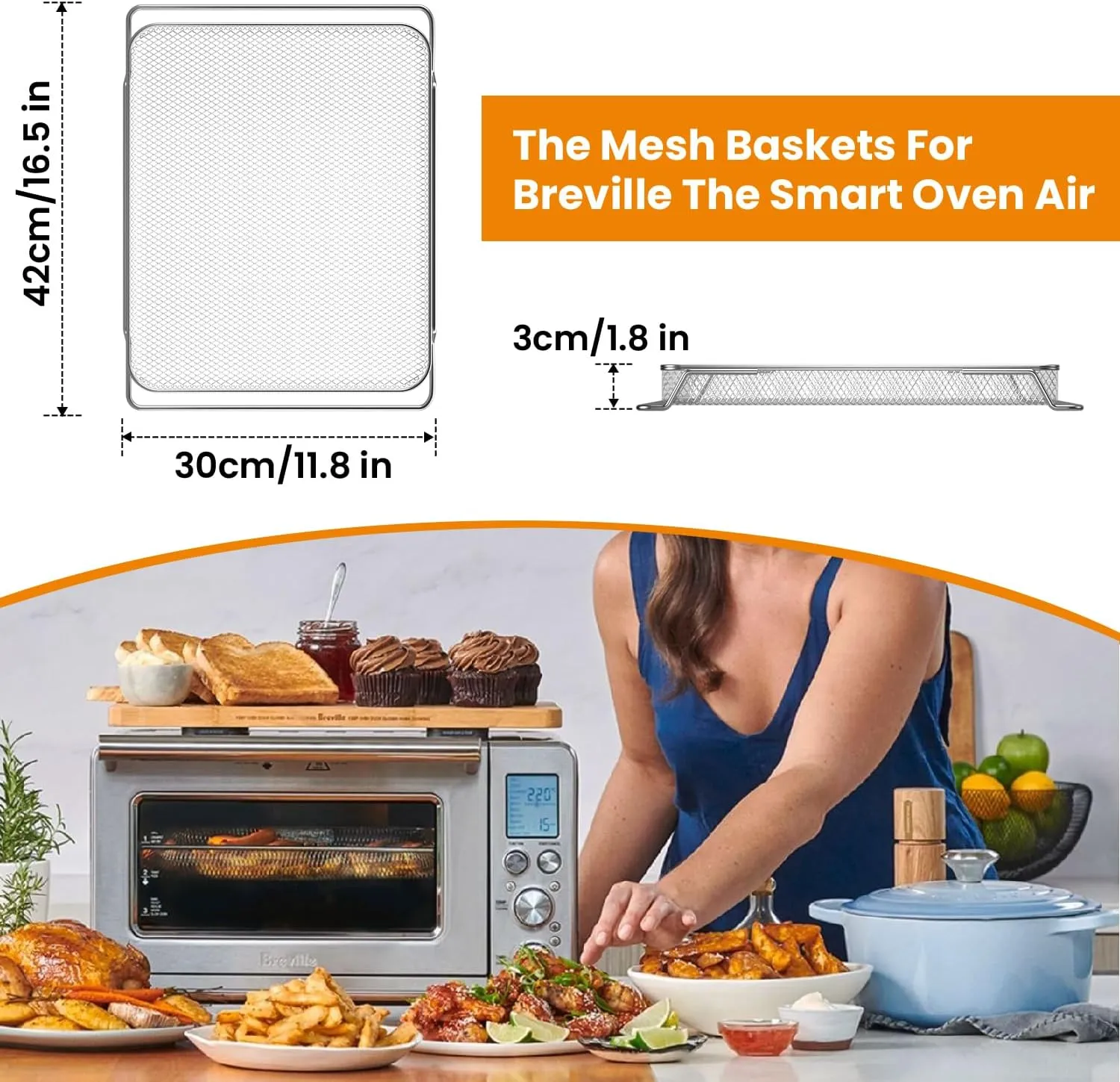 Air Fryer Basket for Breville Smart Oven Air Fryer Pro, 3pcs Stainless Steel Mesh Baskets Air Fryer Accessories, Mesh Tray for Oven, Microwave Ovenro (for Breville:16.5"D x 11.8"W x 0.5"H)