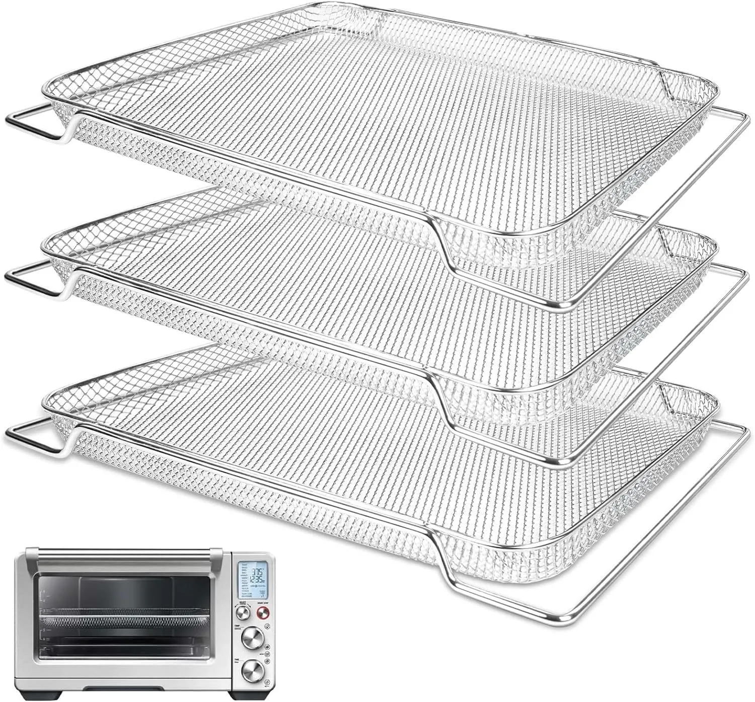 Air Fryer Basket for Breville Smart Oven Air Fryer Pro, 3pcs Stainless Steel Mesh Baskets Air Fryer Accessories, Mesh Tray for Oven, Microwave Ovenro (for Breville:16.5"D x 11.8"W x 0.5"H)