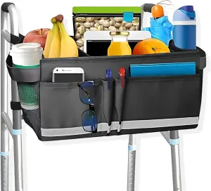 Aliseniors Walker Basket Walker Accessories for Folding Walker with Water Cup Holder - Multi Pockets Basket for Walker for Seniors - Big Capacity & Never Tipping Over Walker Bag
