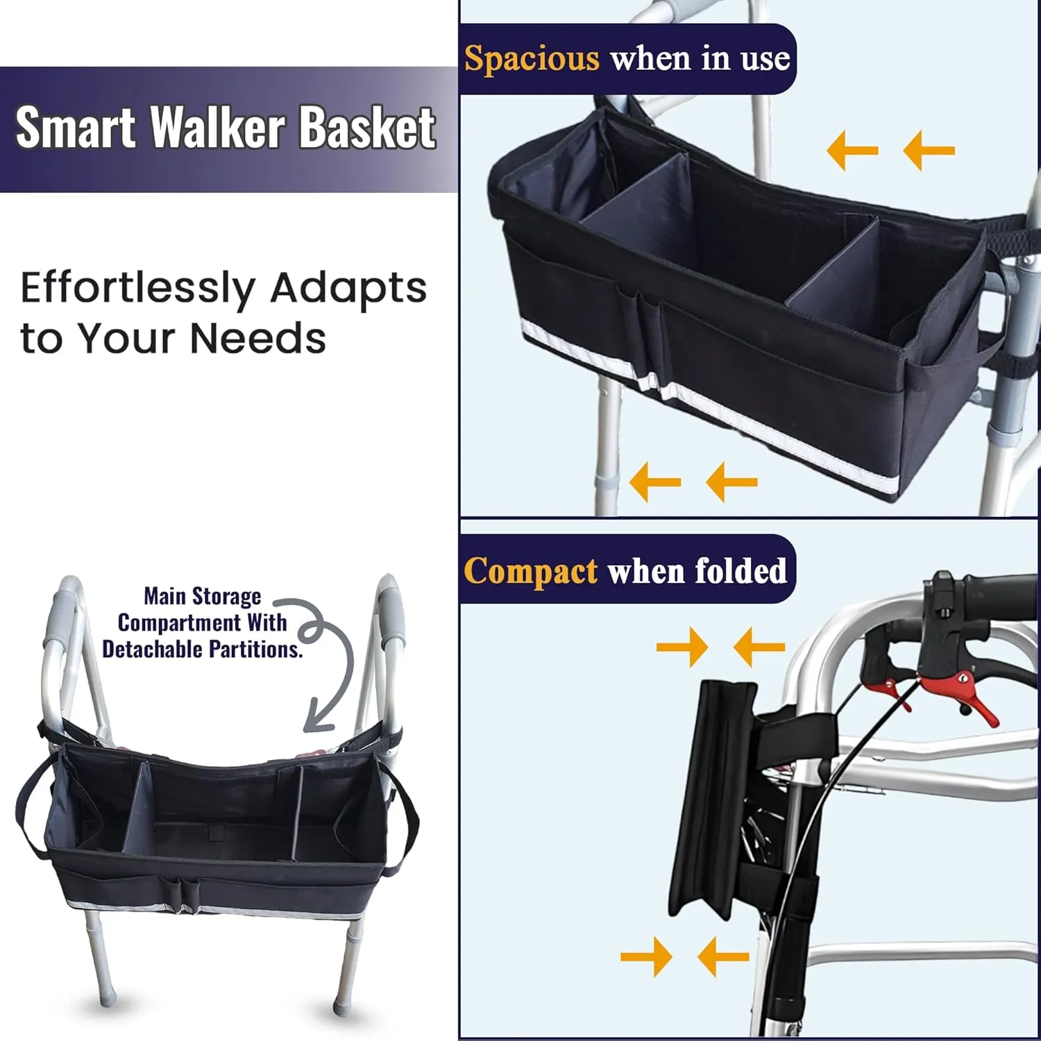 Aliseniors Walker Basket Walker Accessories for Folding Walker with Water Cup Holder - Multi Pockets Basket for Walker for Seniors - Big Capacity & Never Tipping Over Walker Bag